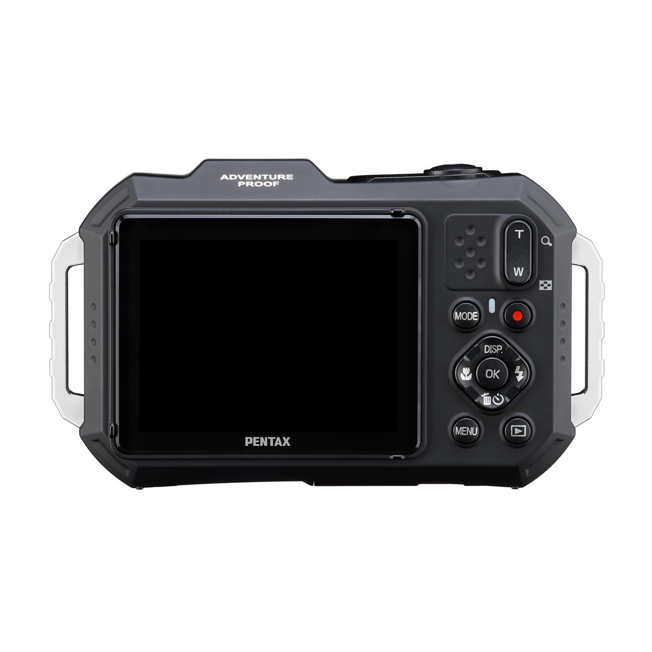 Rückseite einer schwarzen Pentax Digitalkamera mit Display und Bedienelementen.