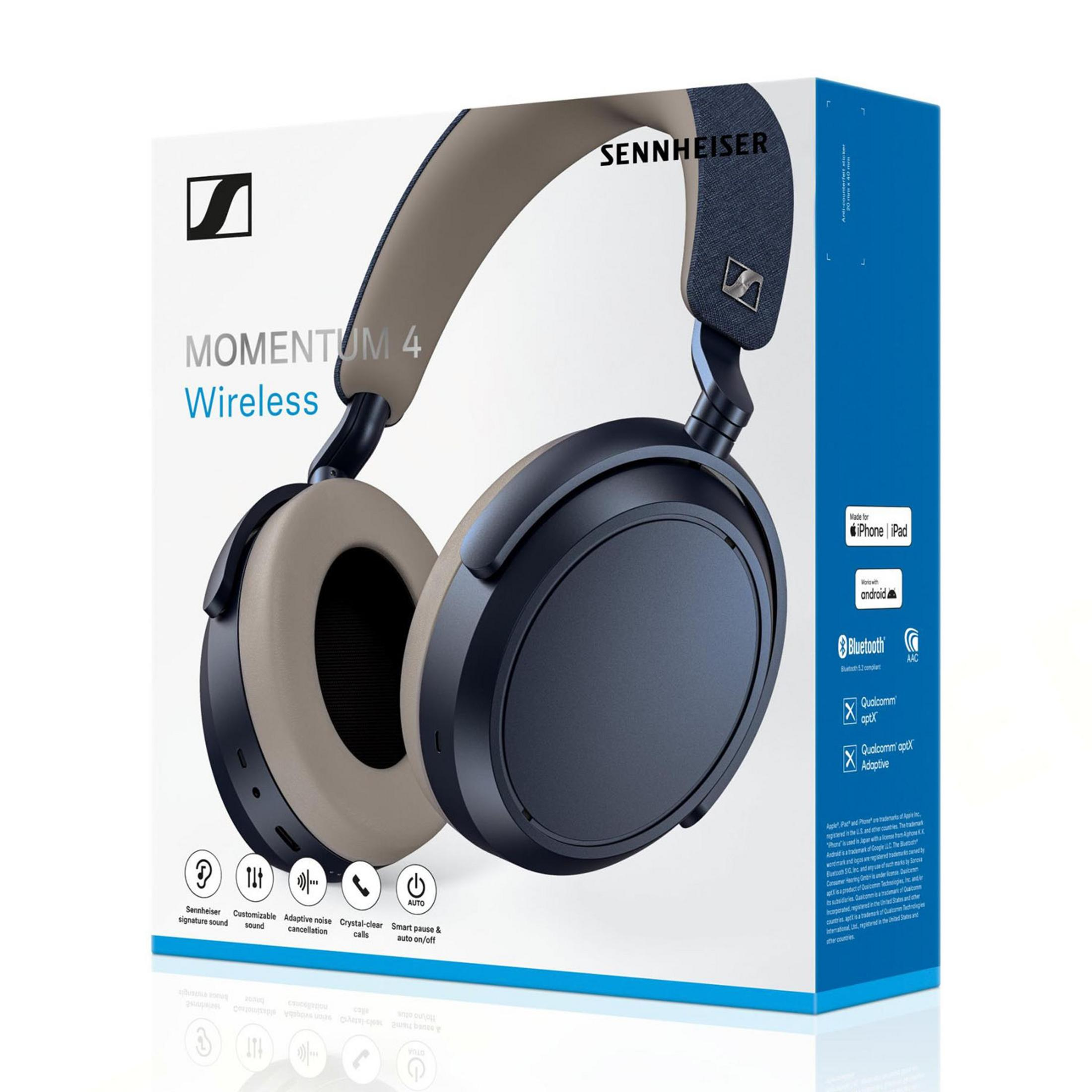 Auriculares Sennheiser Momentum 4 Wireless en embalaje de producto con características.