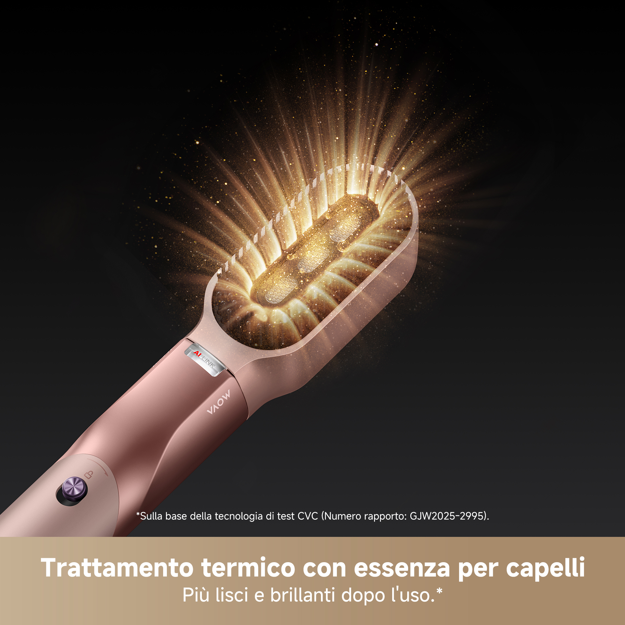 Un alisador de pelo rosa dorado con partículas doradas y rayos de luz.