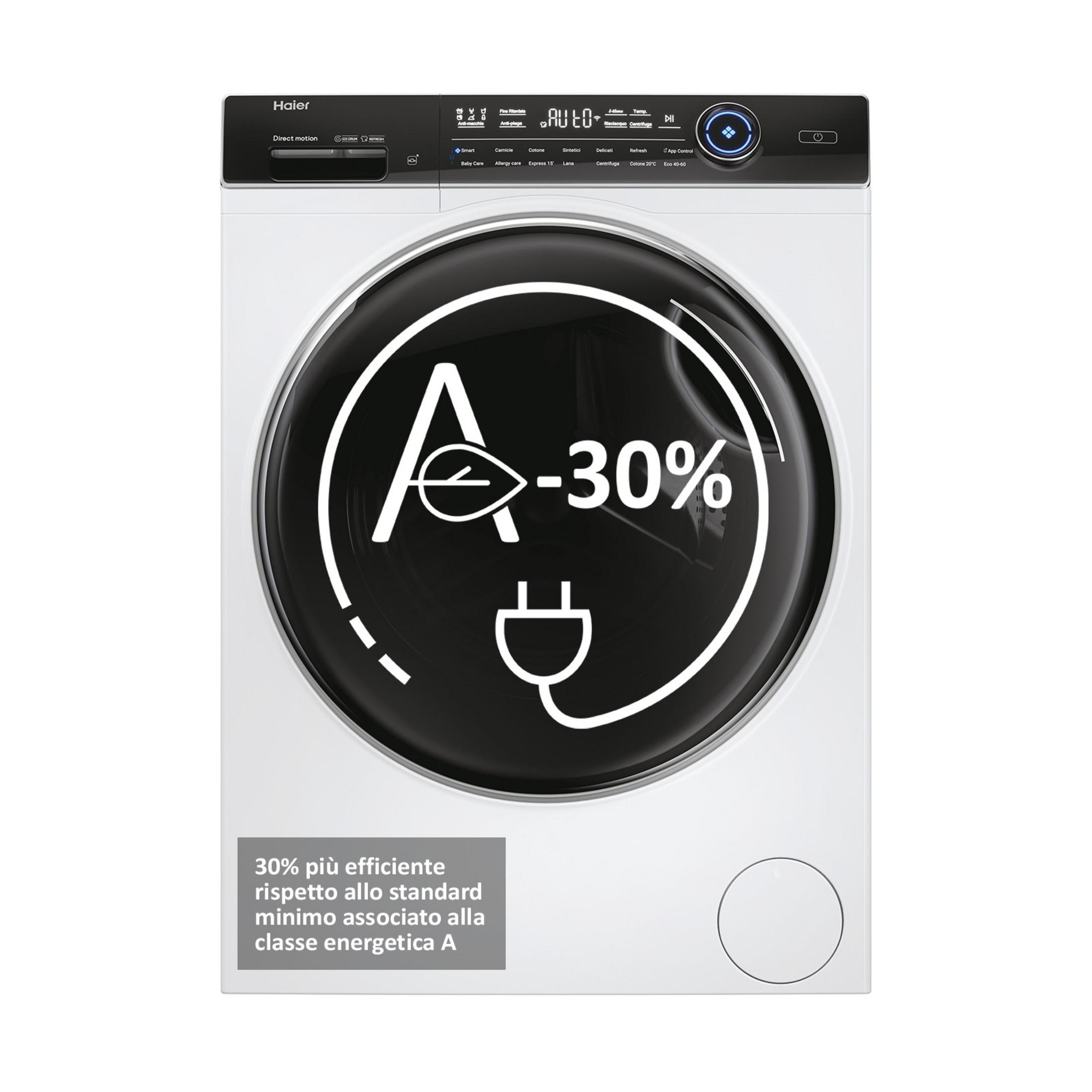 Una lavatrice Haier bianca con display digitale e oblò grande.