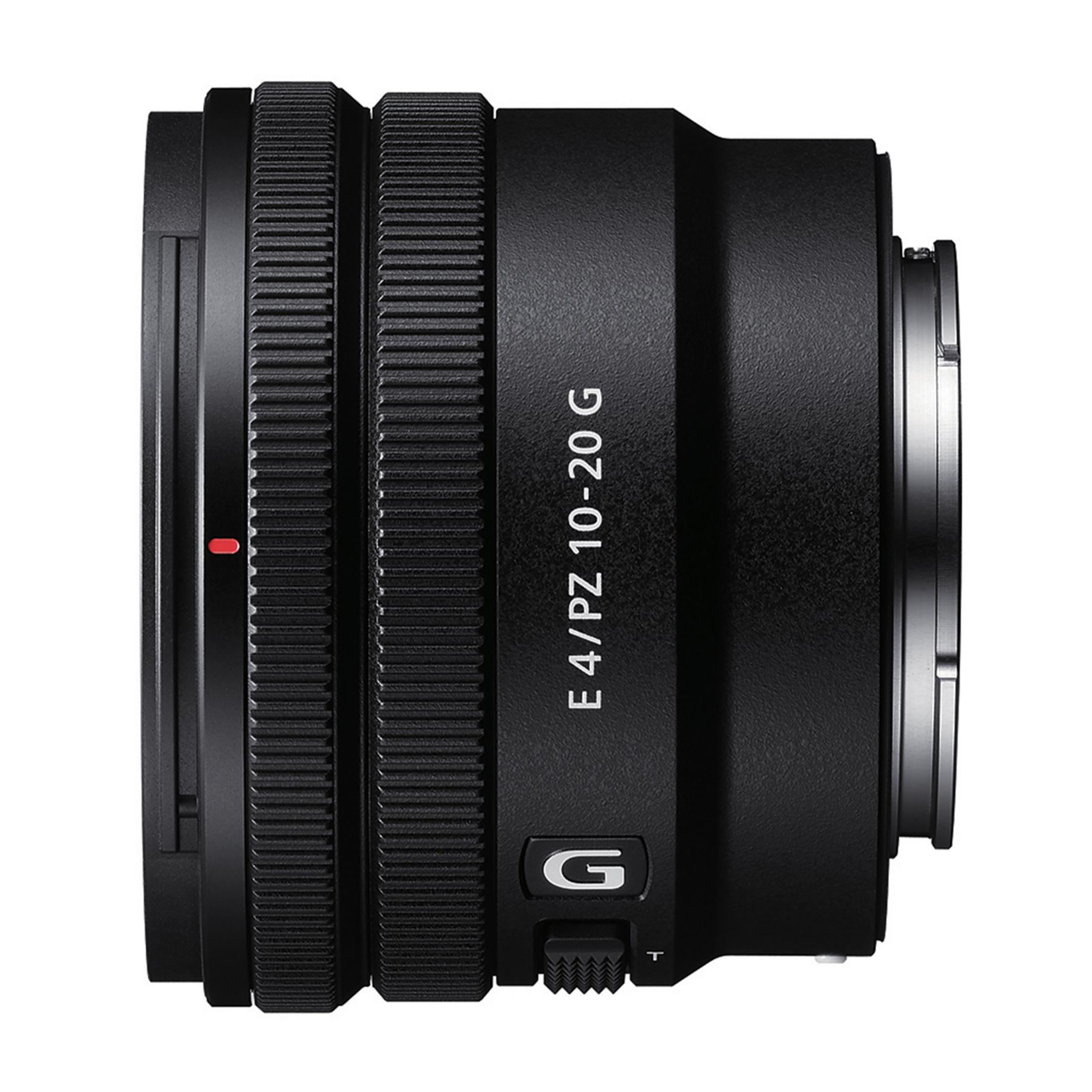 Zwarte cameralens met ringen en tekst E 4/PZ 10-20 G.