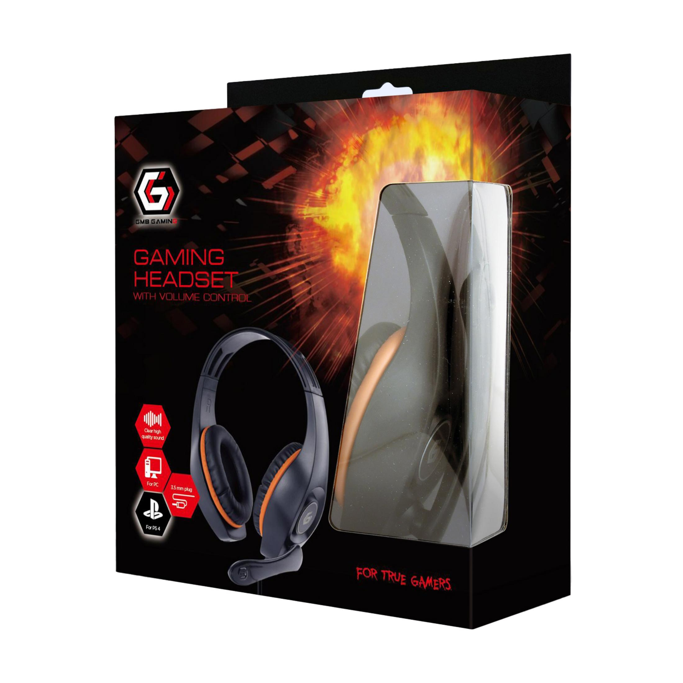 Scatola per cuffie da gioco con logo GMB Gaming, cuffie visibili, sfondo infuocato.
