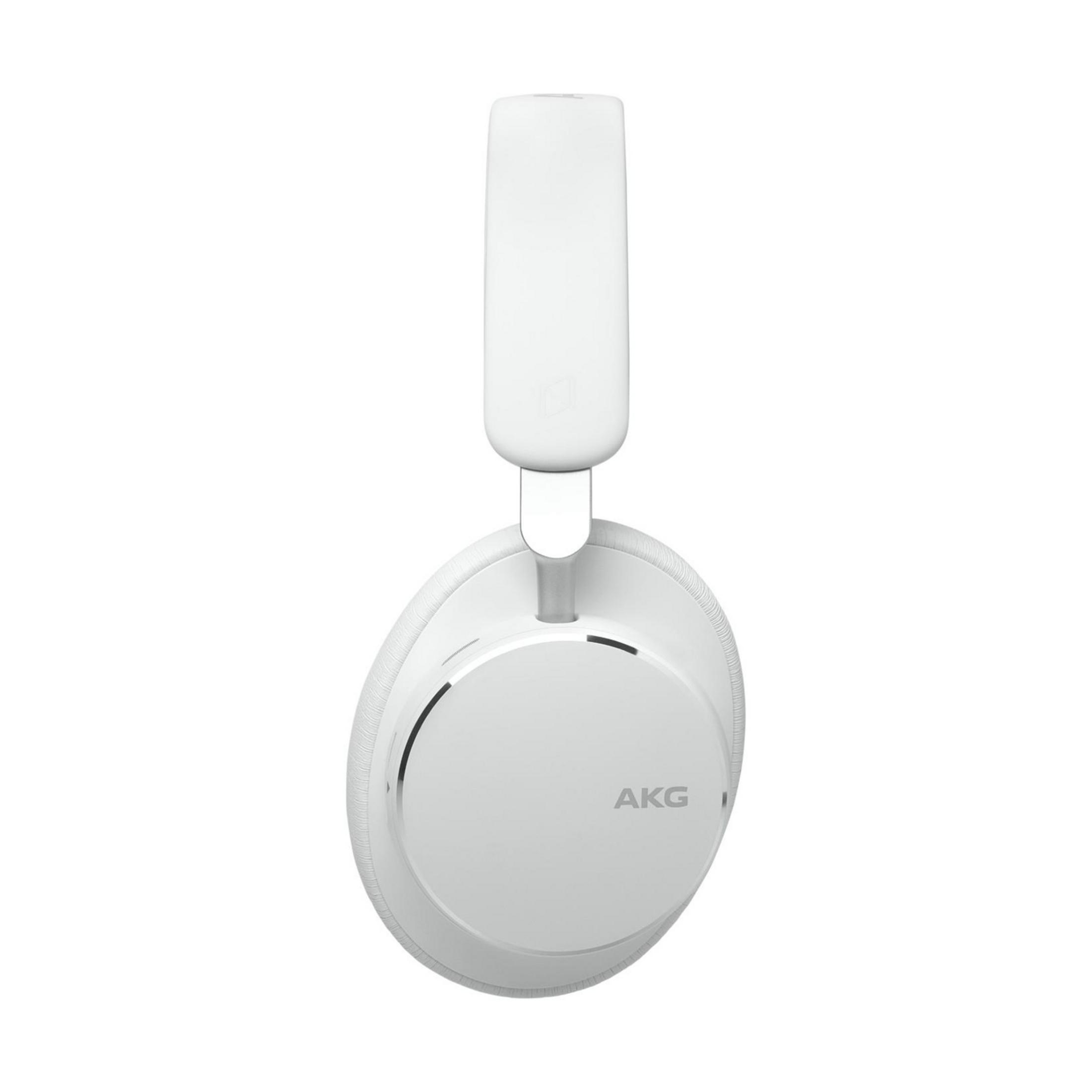 Białe słuchawki AKG z wyściełanym pałąkiem i okrągłym nausznikiem.