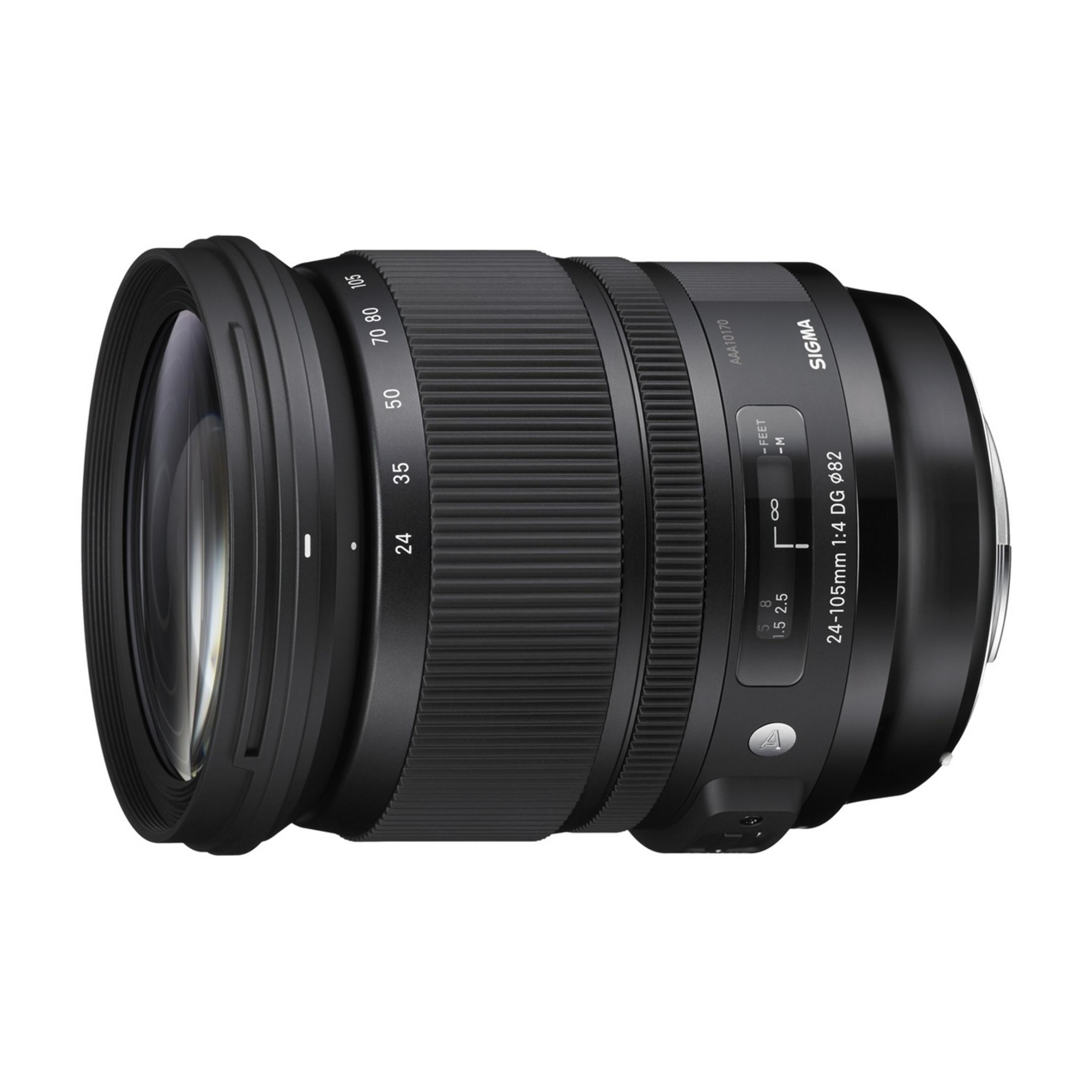 A black Sigma 24-105mm f/4 DG lens with zoom and focus settings visible.