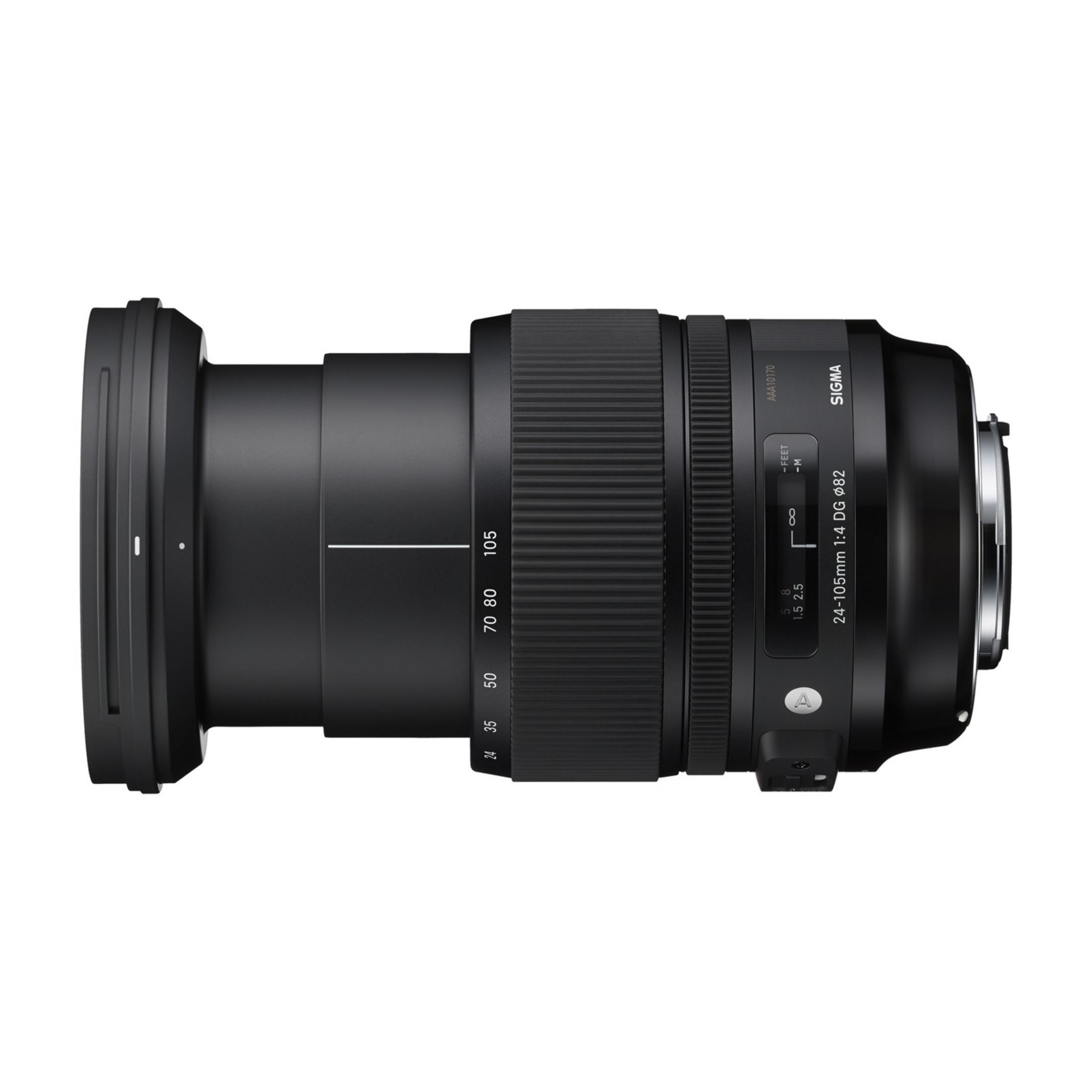A black Sigma 24-105mm f/4 DG lens with zoom ring and focus scale.