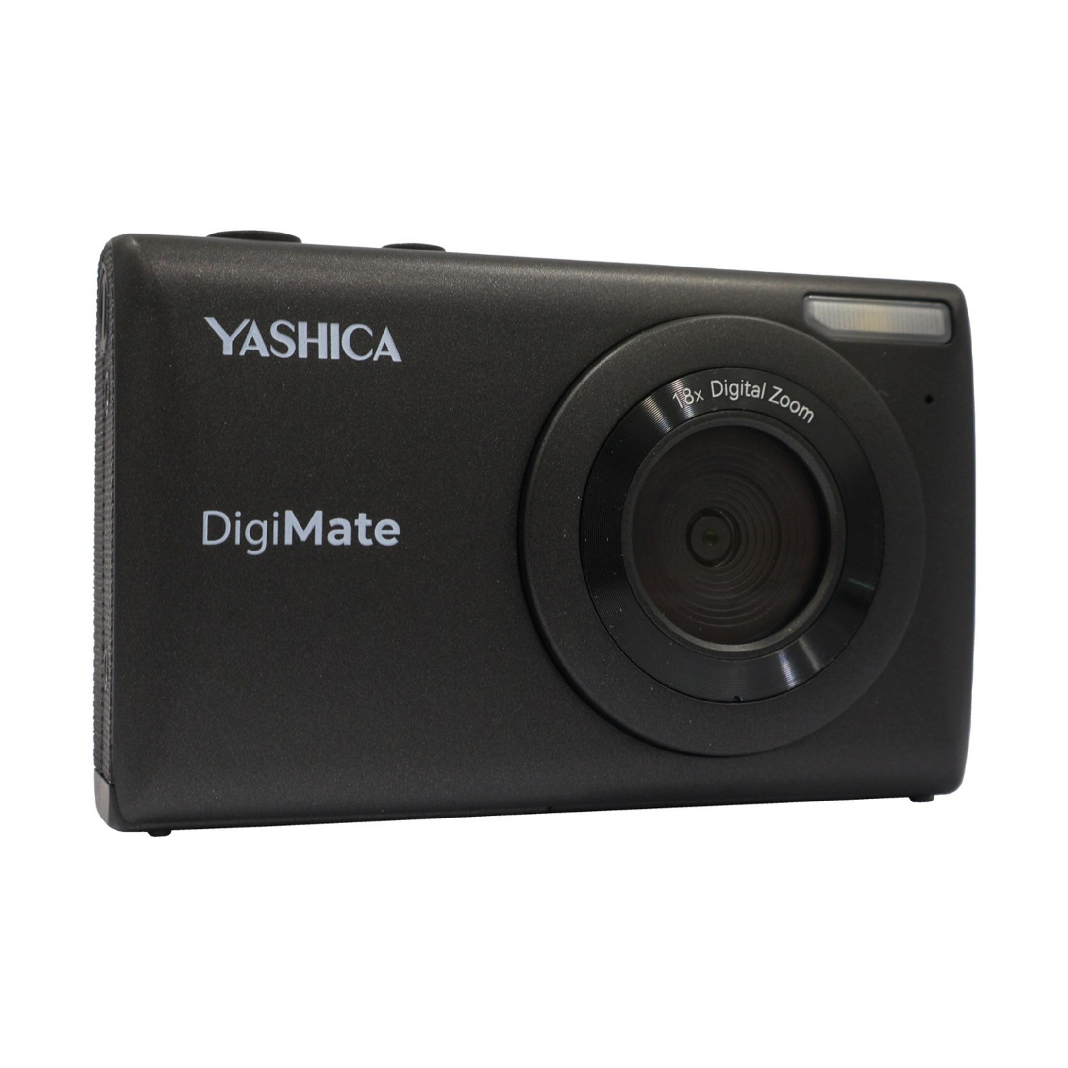 Cámara Yashica DigiMate negra con lente zoom digital 18x y flash.