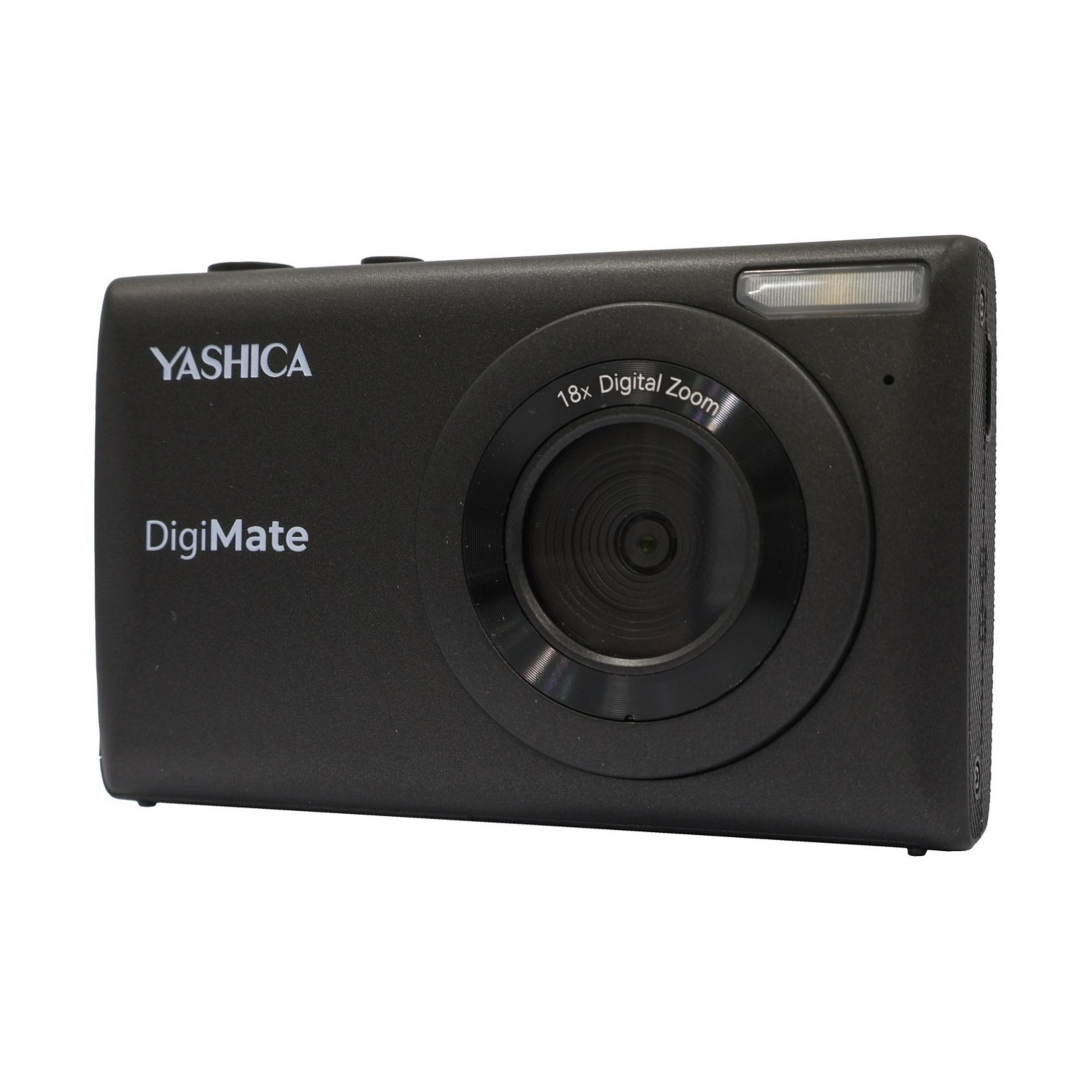 Cámara Yashica DigiMate negra con zoom digital 18x y flash.