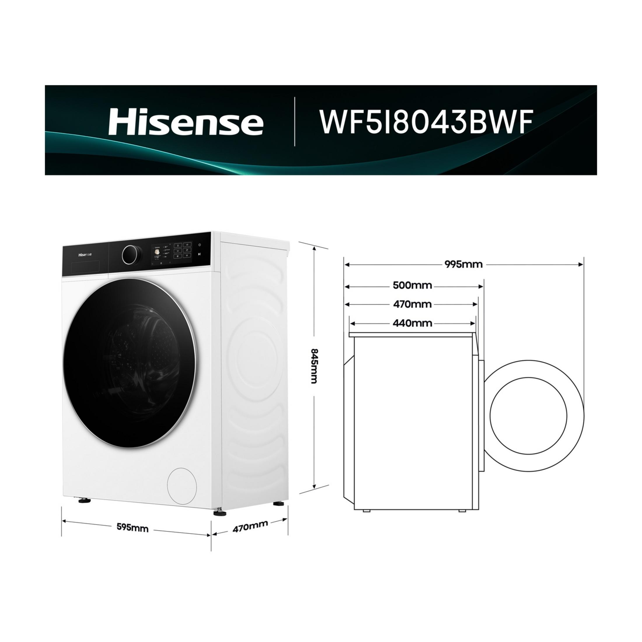 Witte wasmachine met zwart deur en bedieningspaneel, met afmetingen.