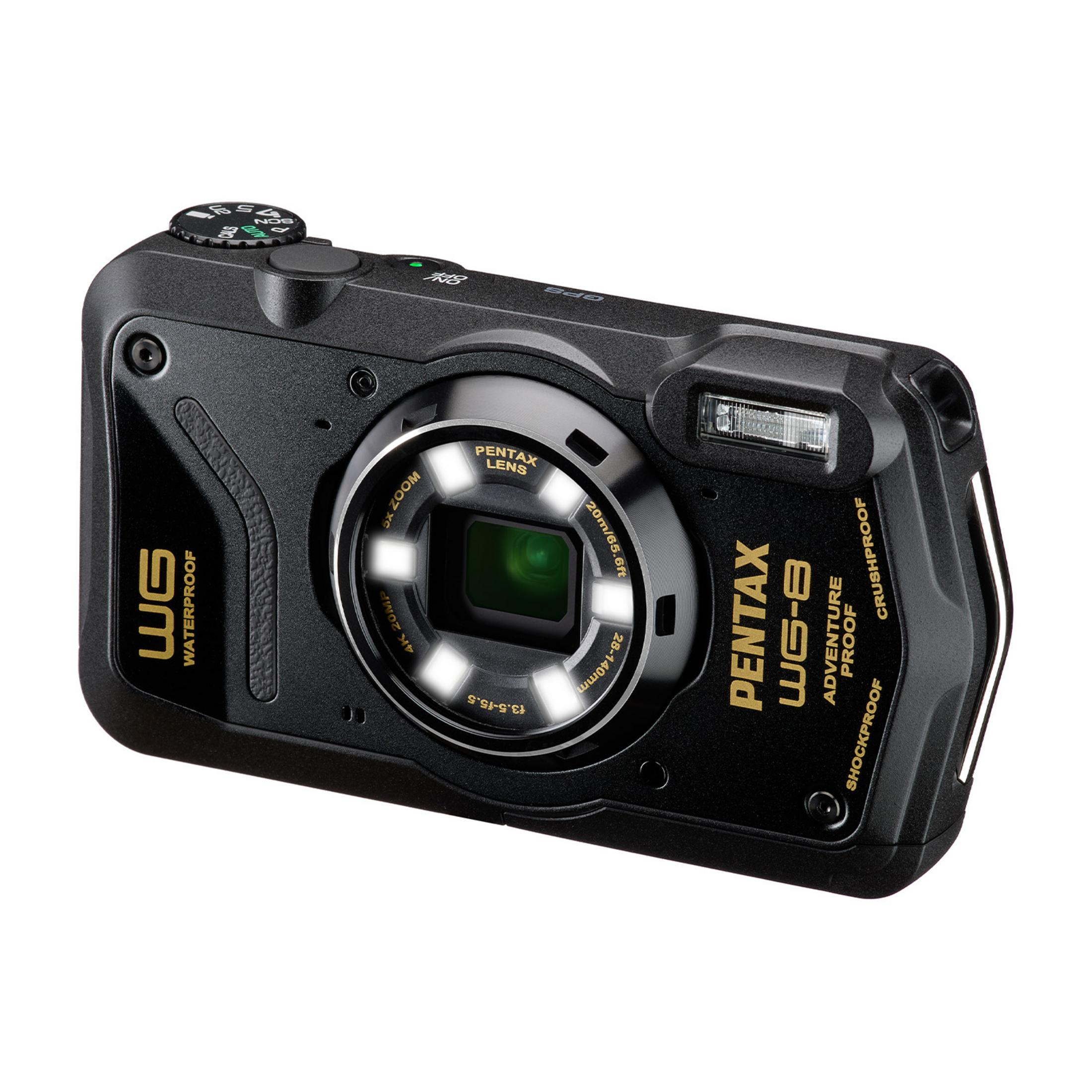 Schwarze Pentax WG-8 robuste Kamera mit 5x Zoomobjektiv, Blitz und Moduswahlrad.