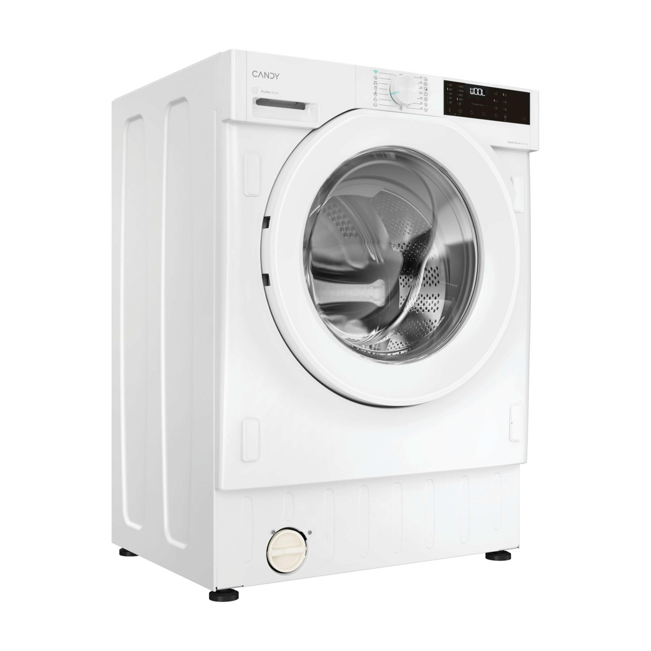 Weiße Candy Waschmaschine mit digitalem Display und runder Tür.