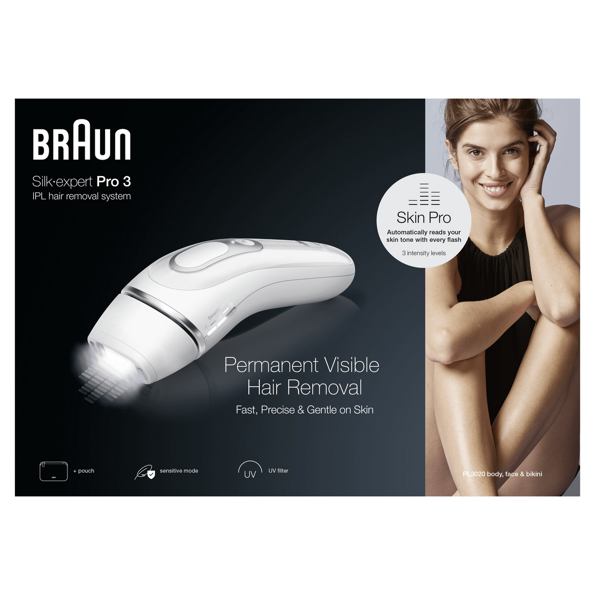 Urządzenie do depilacji IPL Braun z analizą odcienia skóry, uśmiechnięta kobieta.