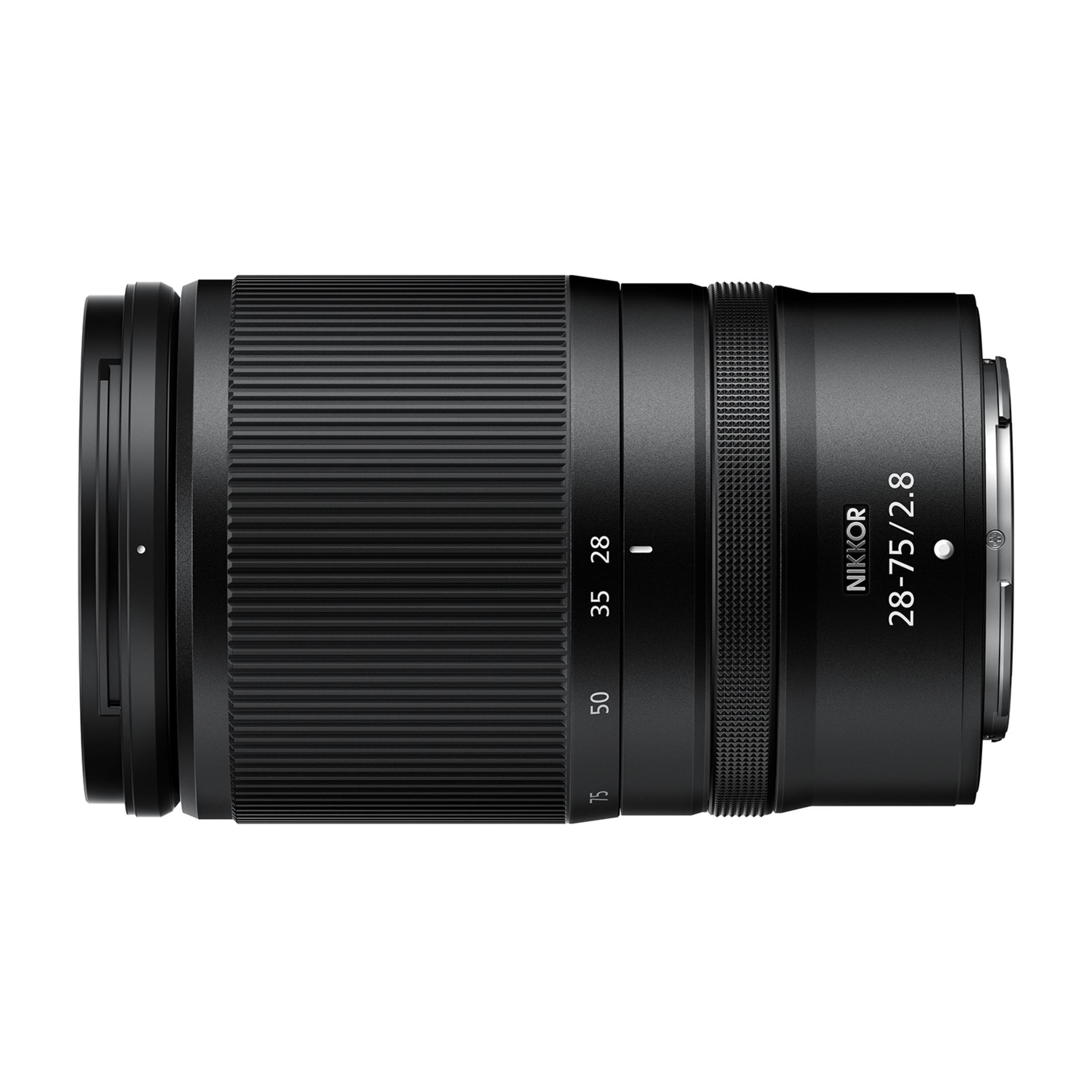 Obiettivo NIKKOR 28-75mm f/2.8 nero con ghiere di messa a fuoco e zoom.