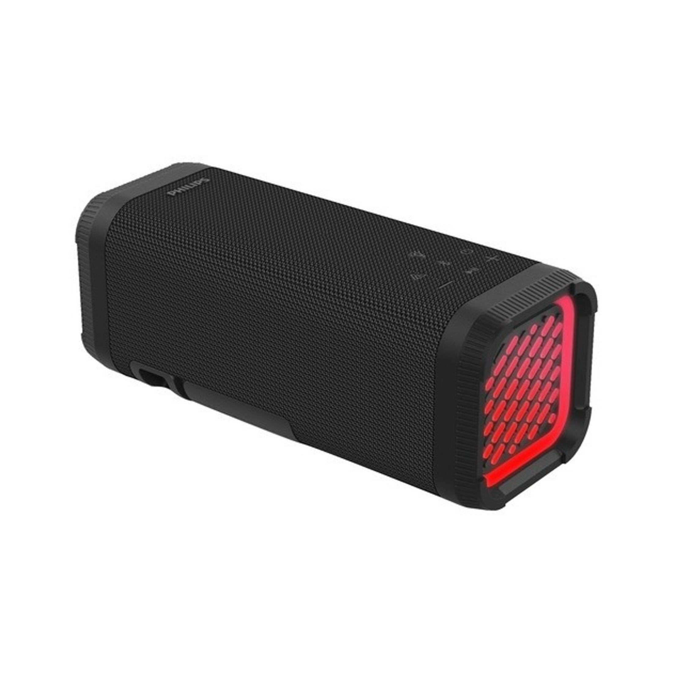 Enceinte portable noire avec lumières rouges sur les côtés et tissu texturé.