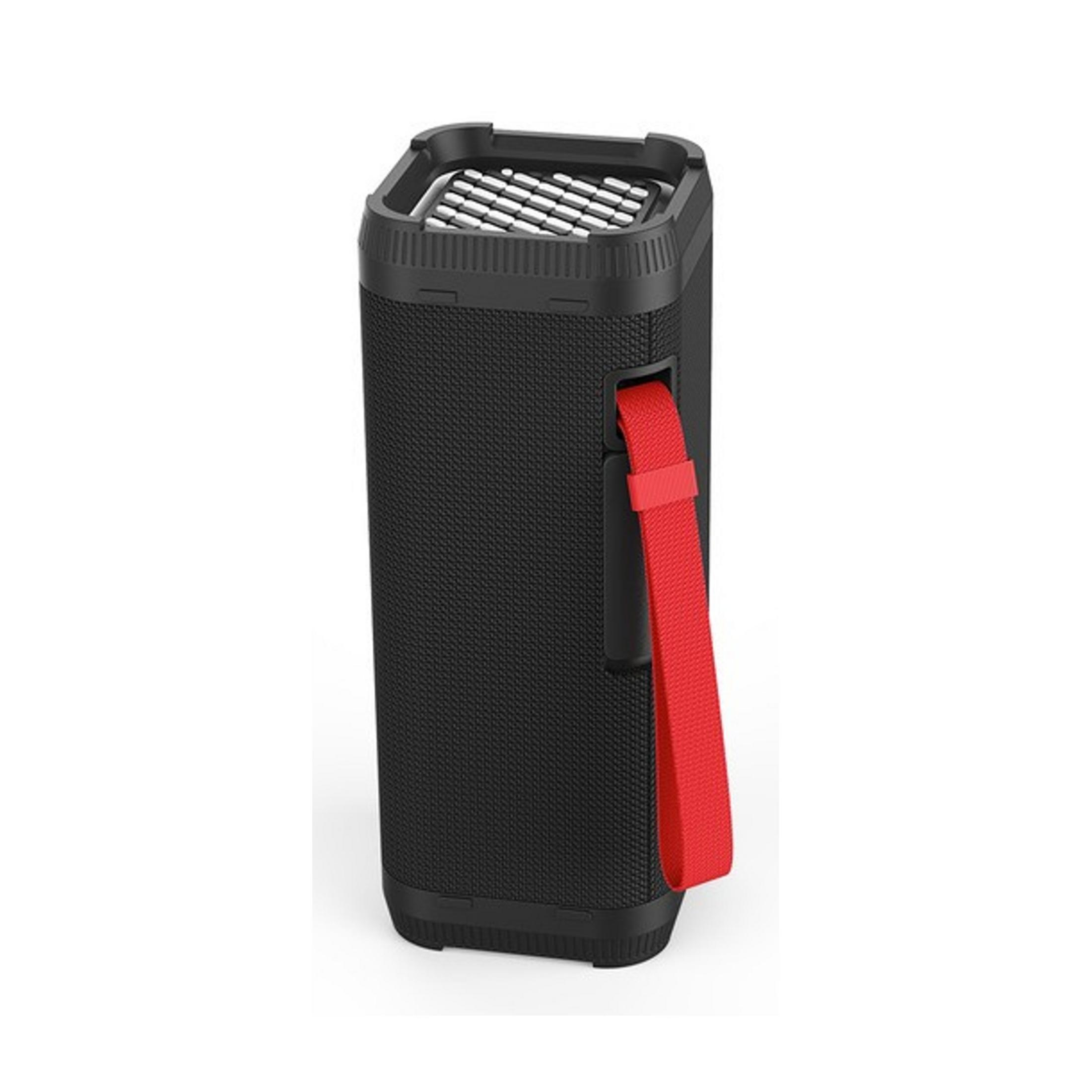 Haut-parleur portable noir avec une sangle rouge et une poignée nervurée.