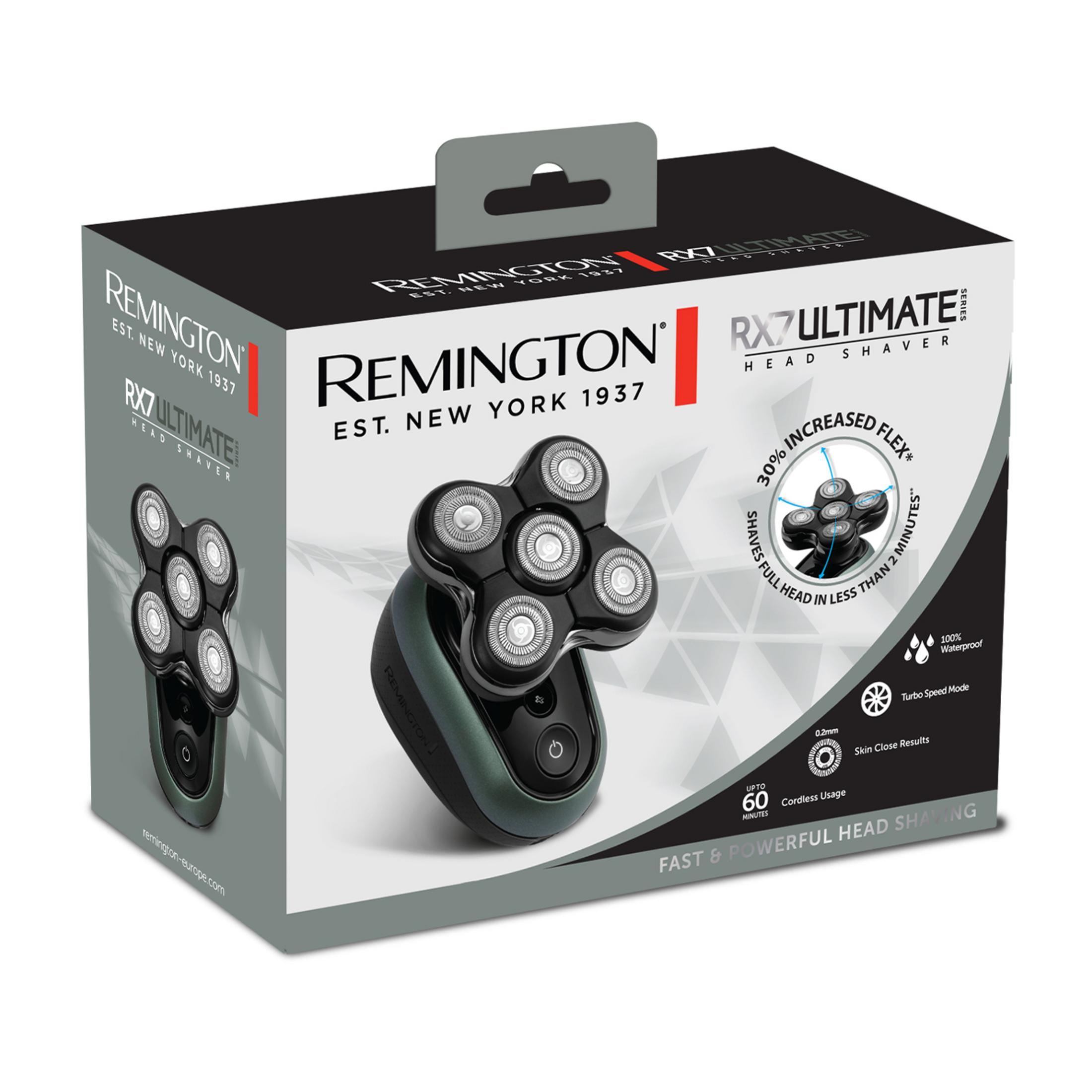 Verpackung eines Remington RX7 Ultimate Rasierers mit Scherblattkopf und Produktmerkmalen.