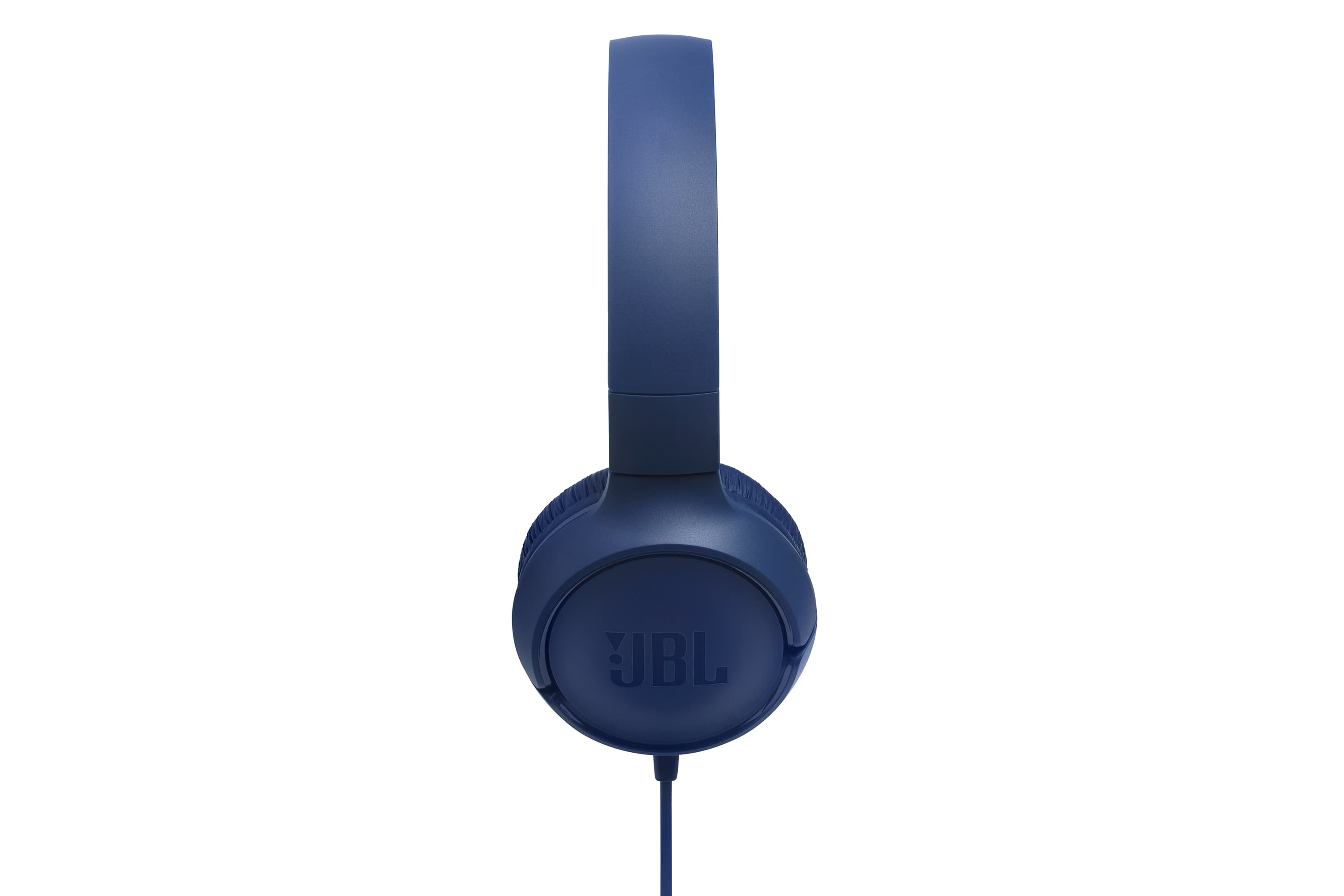 Dark blue JBL headphones with a cord, set against a white background.