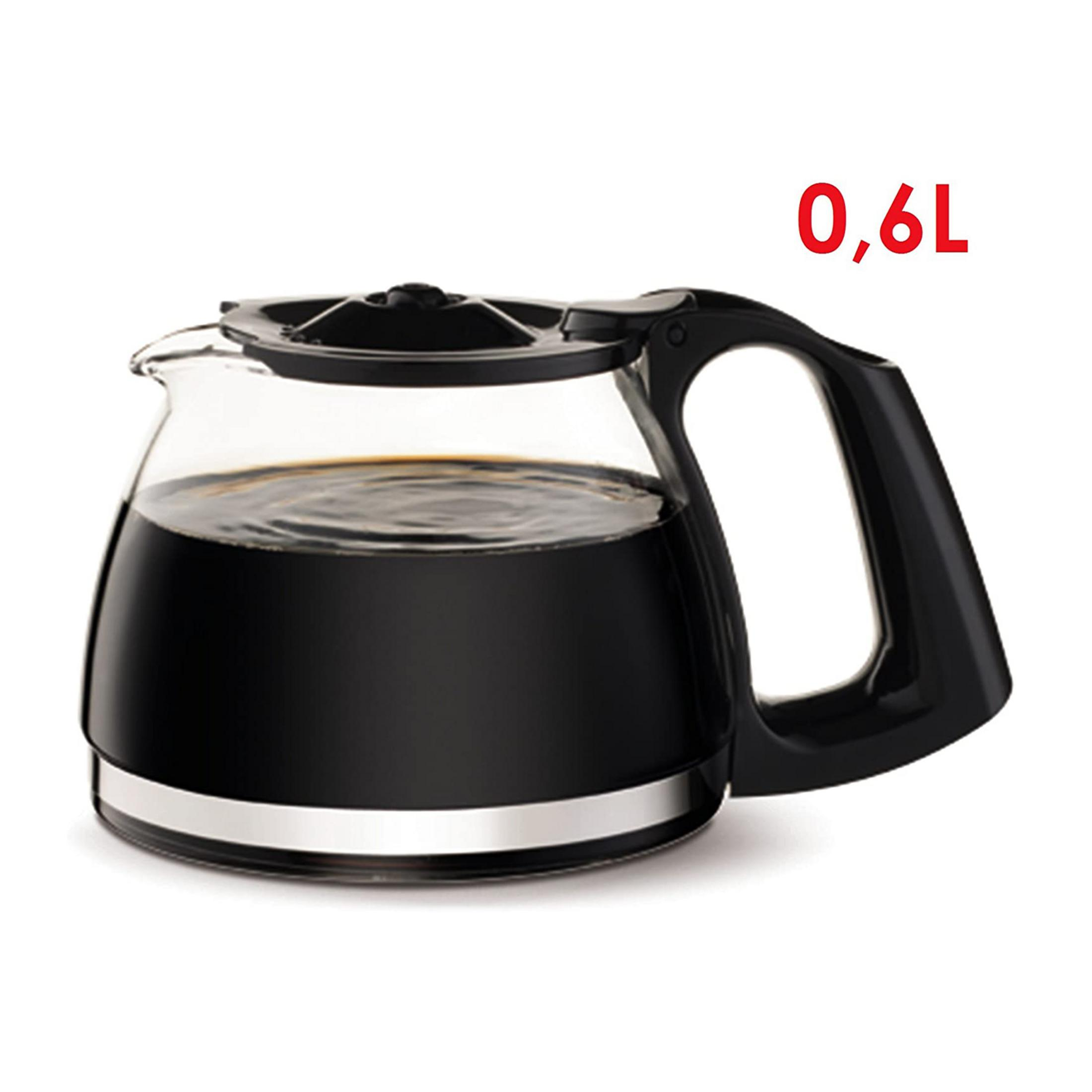 Szklany dzbanek do kawy z czarnym uchwytem, oznaczony 0,6L, wypełniony kawą.