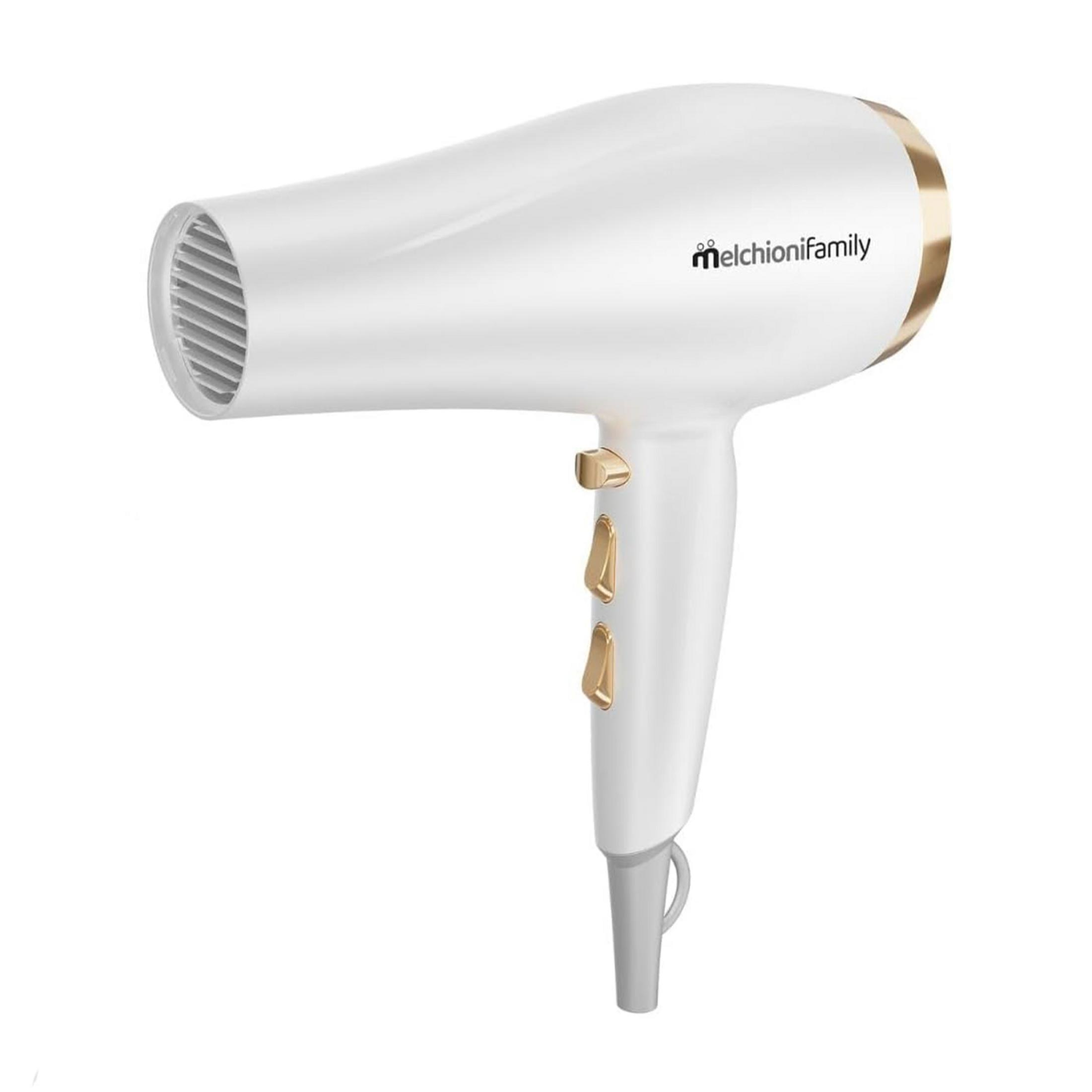 Ein weißer Haartrockner mit goldenen Akzenten und Bedienelementen.