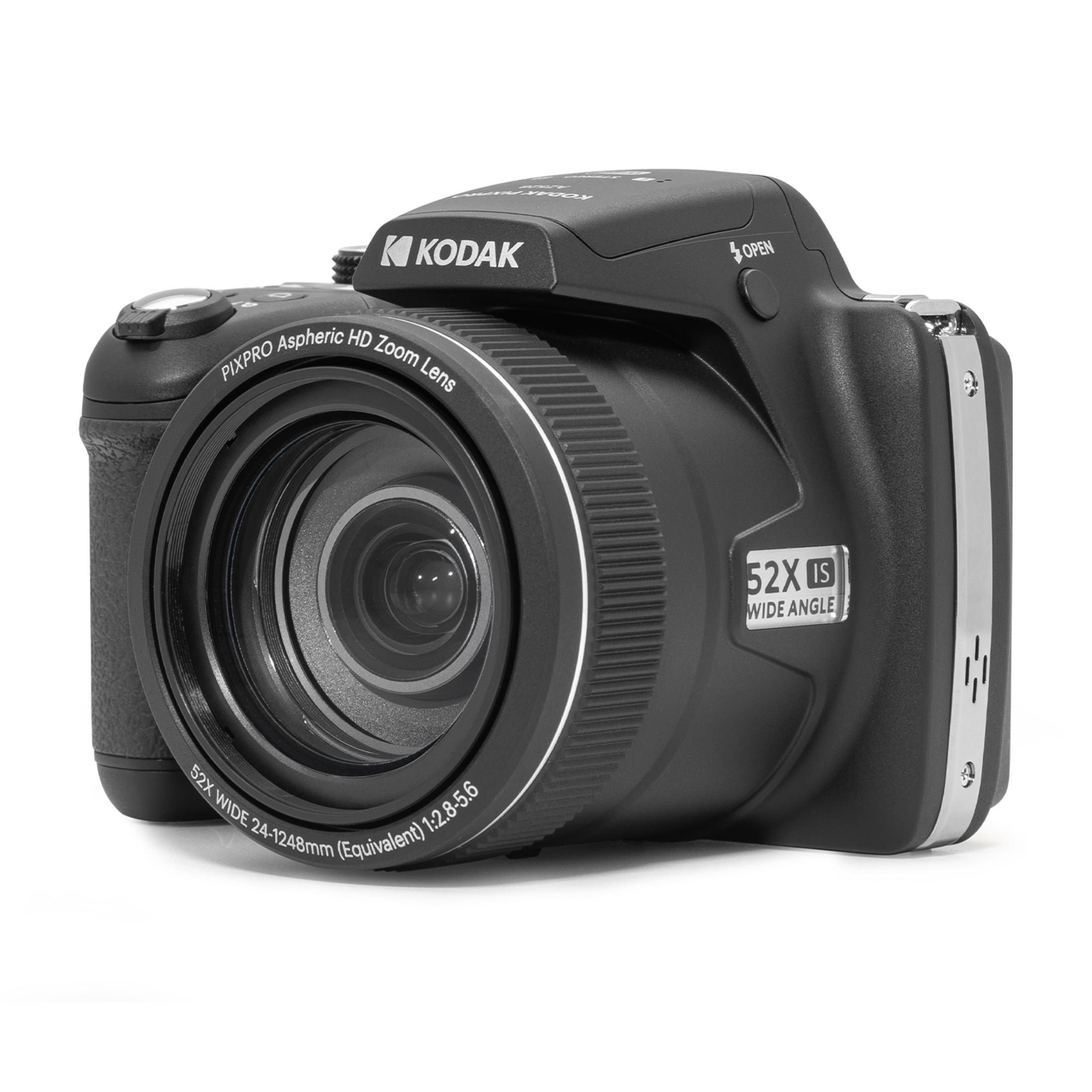 Un appareil photo numérique Kodak noir avec objectif zoom 52x sur fond blanc.
