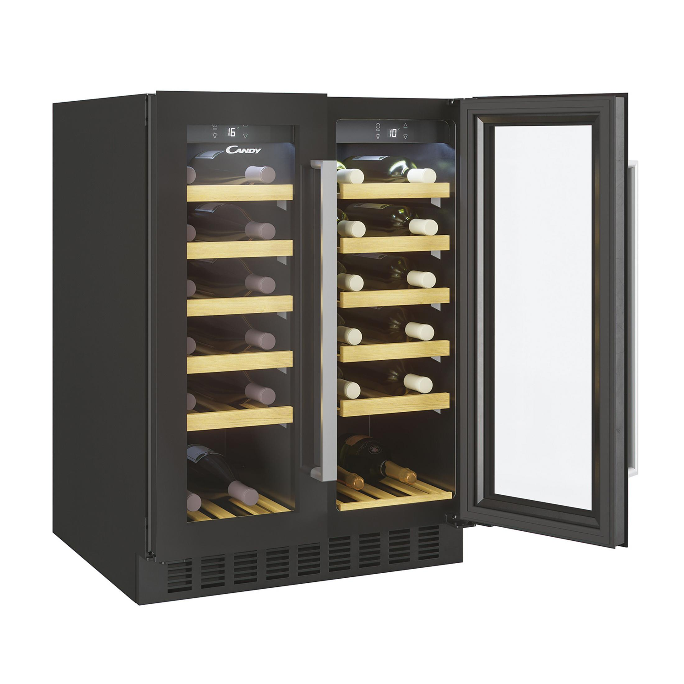 Un enfriador de vino negro de doble zona con estantes de madera y puerta de cristal.