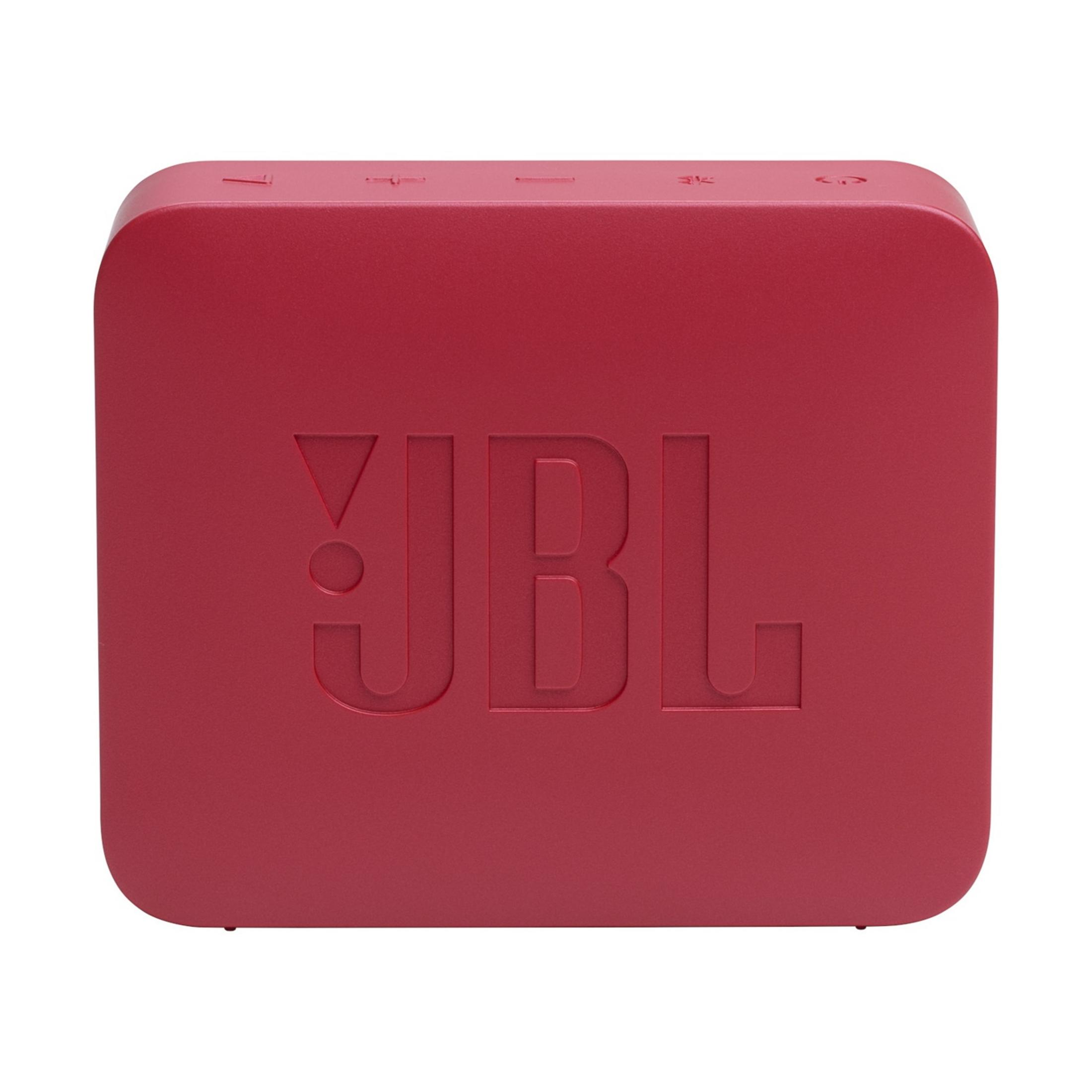 Red JBL speaker with embossed logo on a white background.
