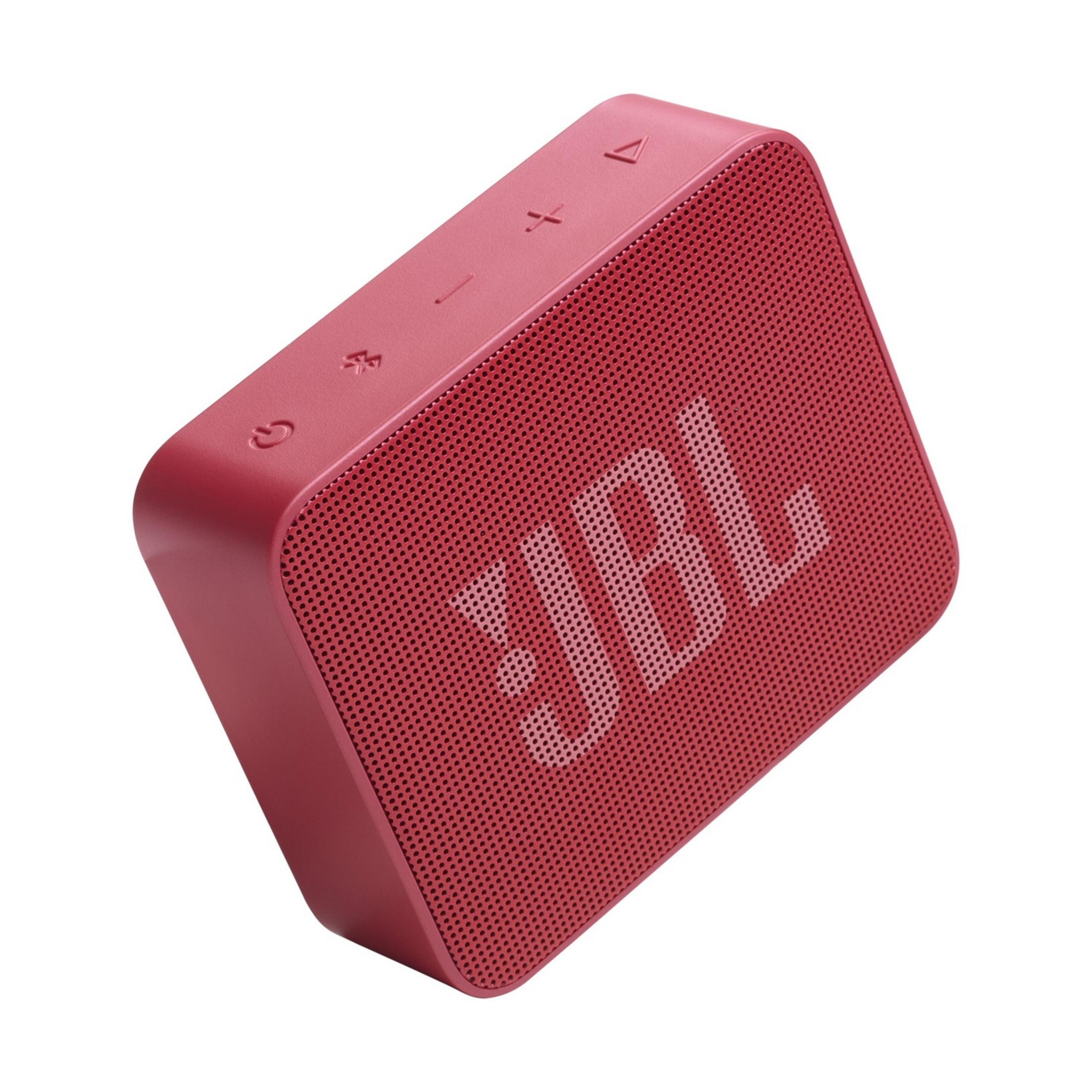 A red JBL Go 3 speaker with Bluetooth symbols and control buttons.
