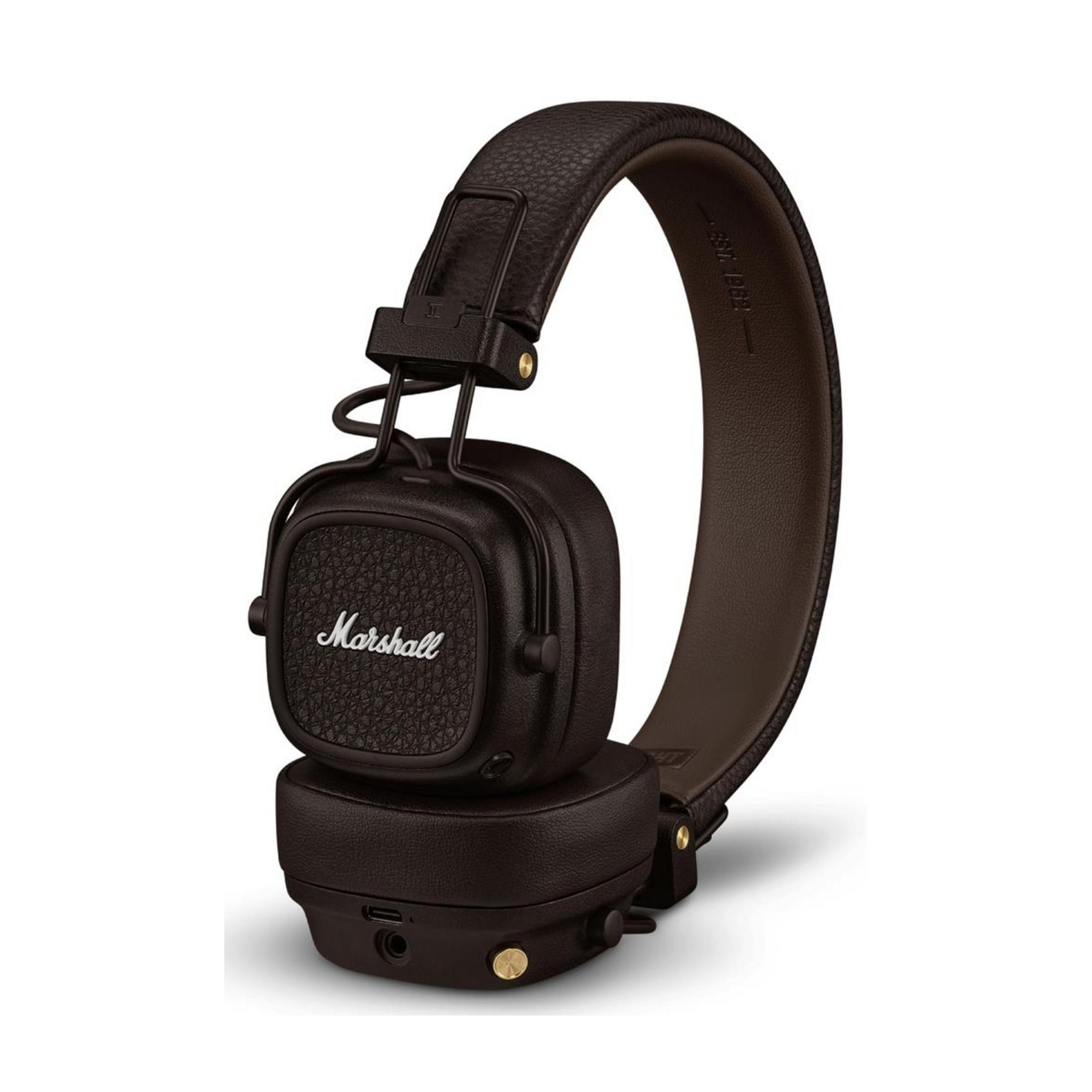 Cuffie Marshall marroni scuro con texture in pelle e logo argento.