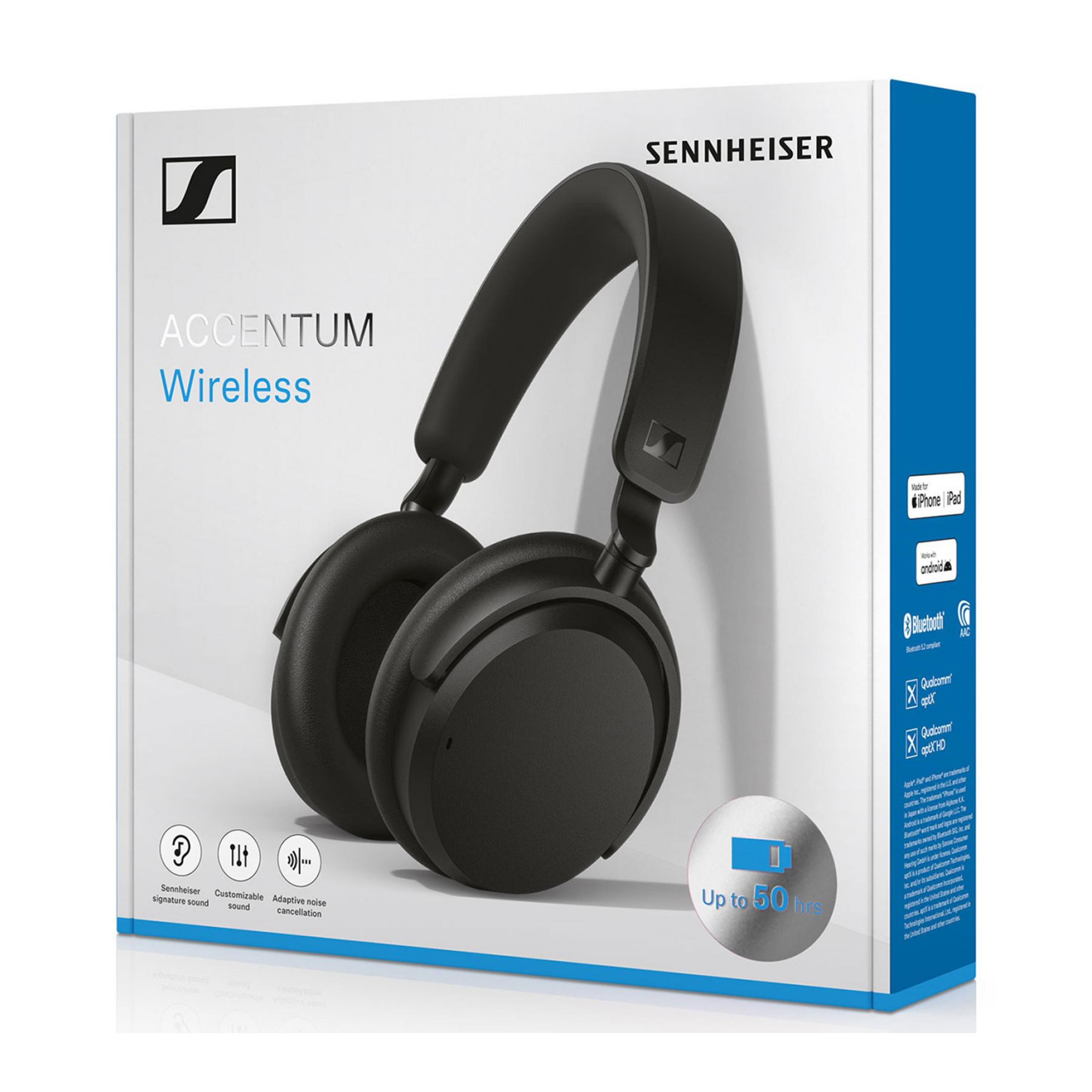 Schwarze Sennheiser ACCENTUM Wireless Kopfhörer auf einer weißen Verpackung mit blauen Akzenten.