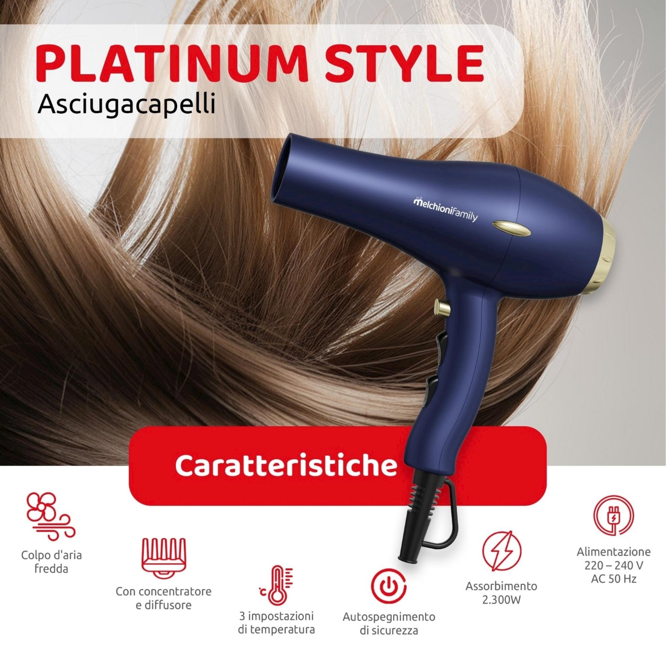 Dunkelblauer Haartrockner mit goldfarbenen Akzenten, vor blondem Haar.