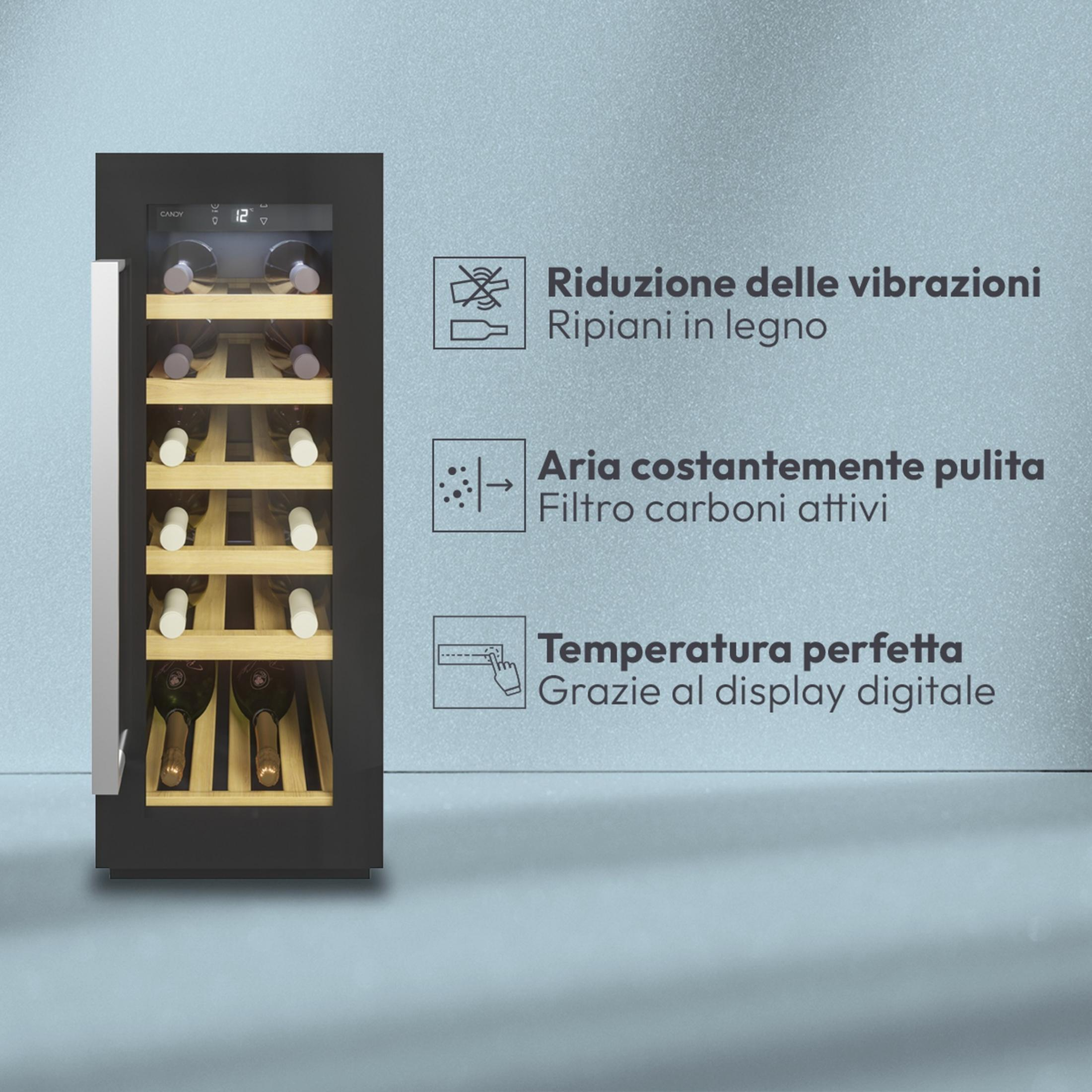 Wine fridge with wooden shelves, air filter, and digital temperature display.