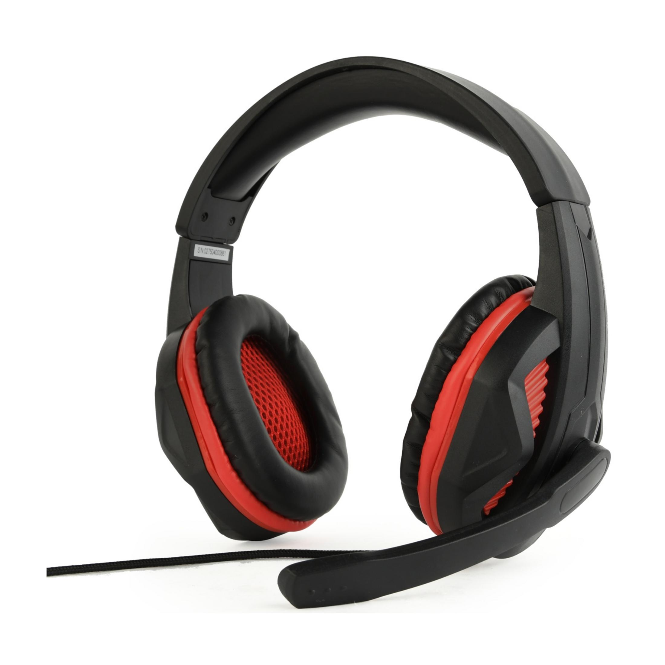 Cuffie da gaming nere con accenti rossi e microfono.