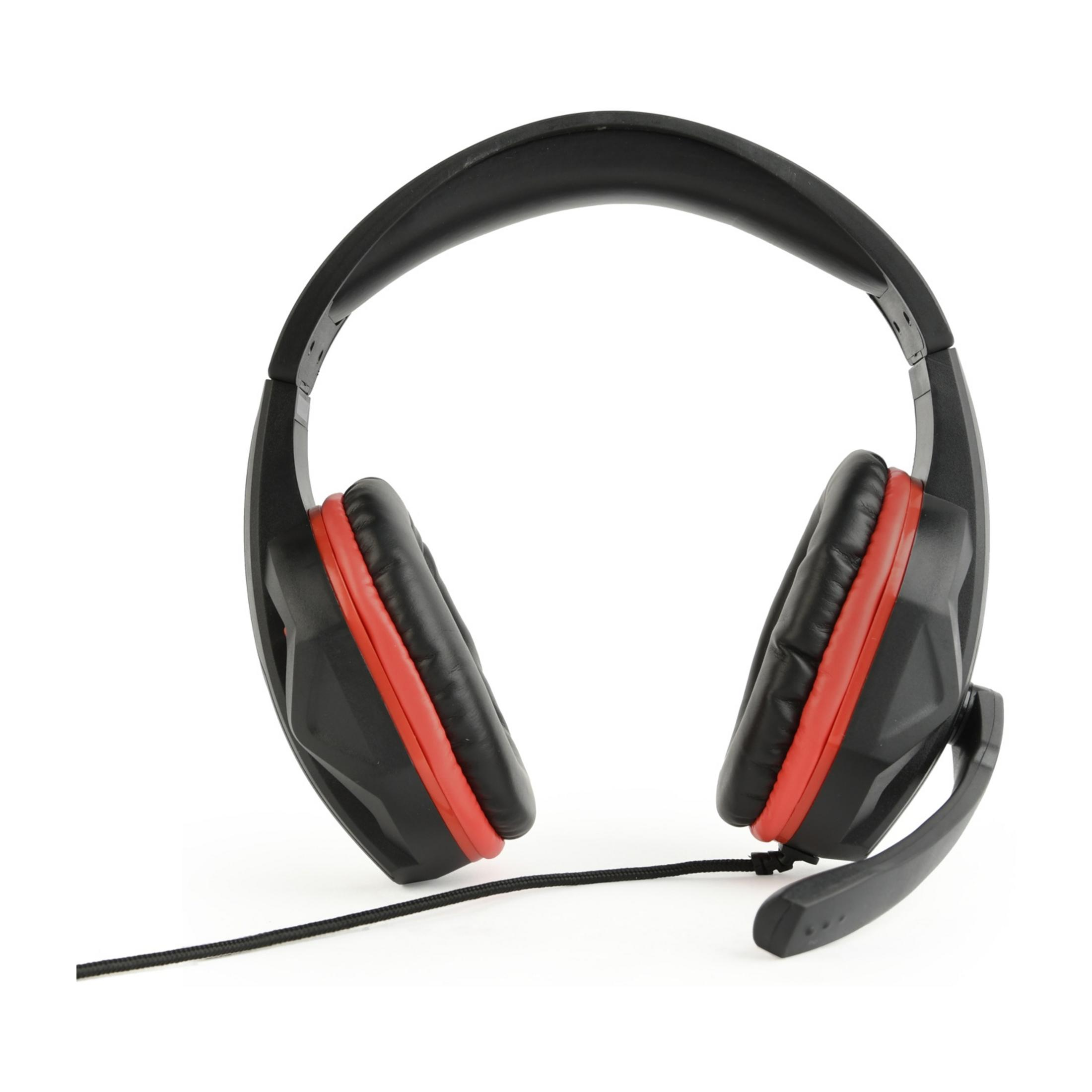 Cuffie da gaming nere con accenti rossi e microfono su sfondo bianco.