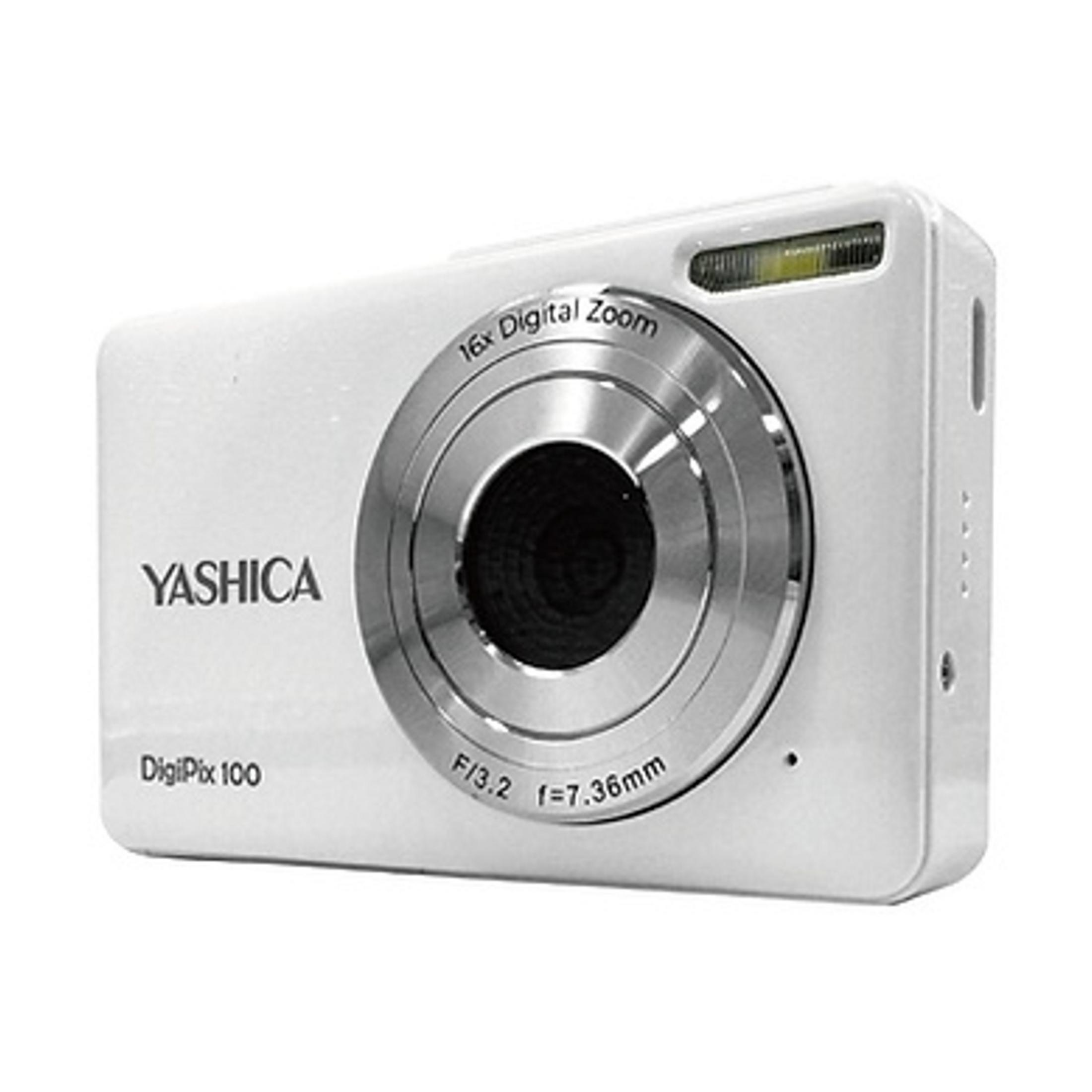 Una cámara digital Yashica DigiPix 100 blanca con zoom digital 16x y apertura F/3.2.