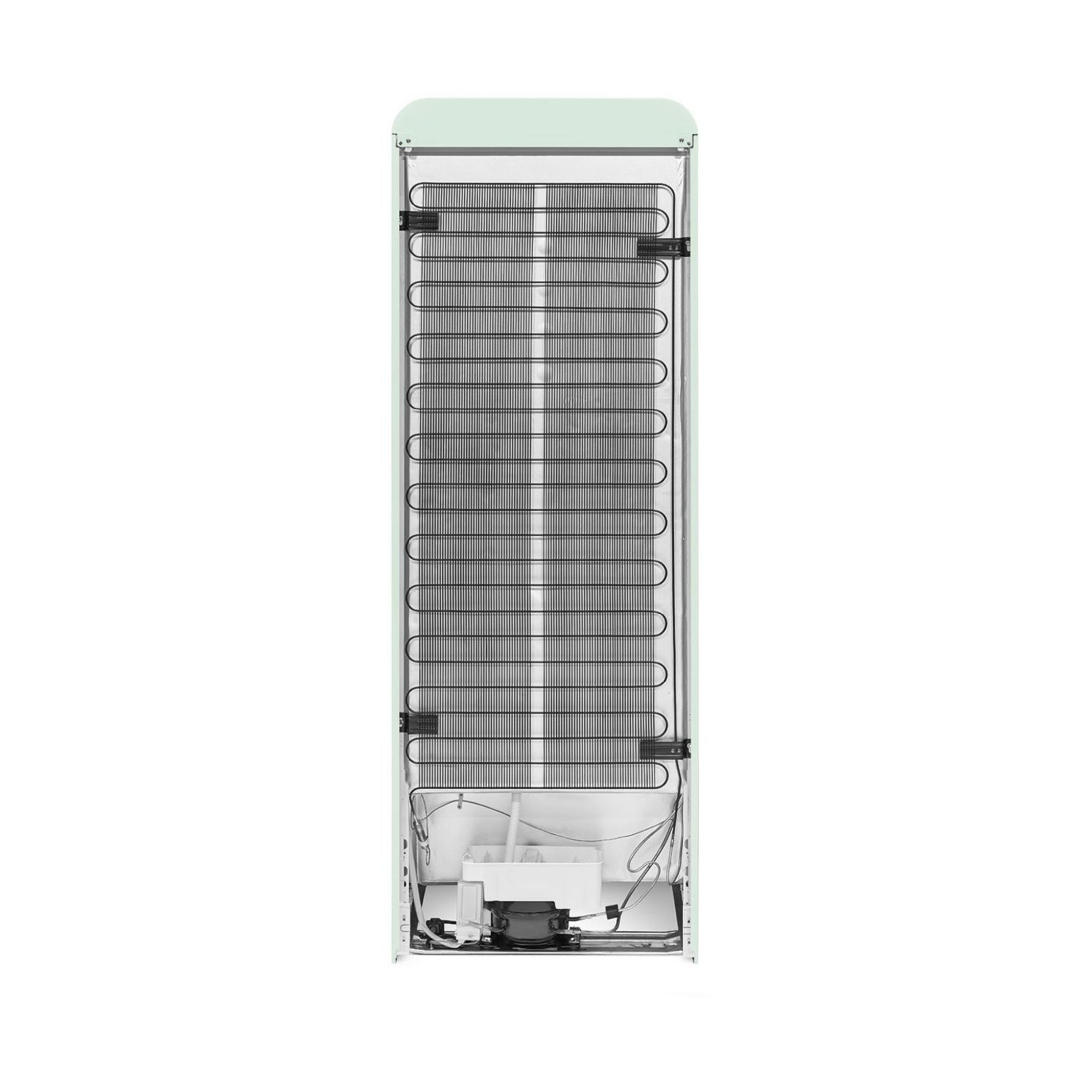 Parte trasera de un refrigerador verde menta con compresor y serpentines visibles.