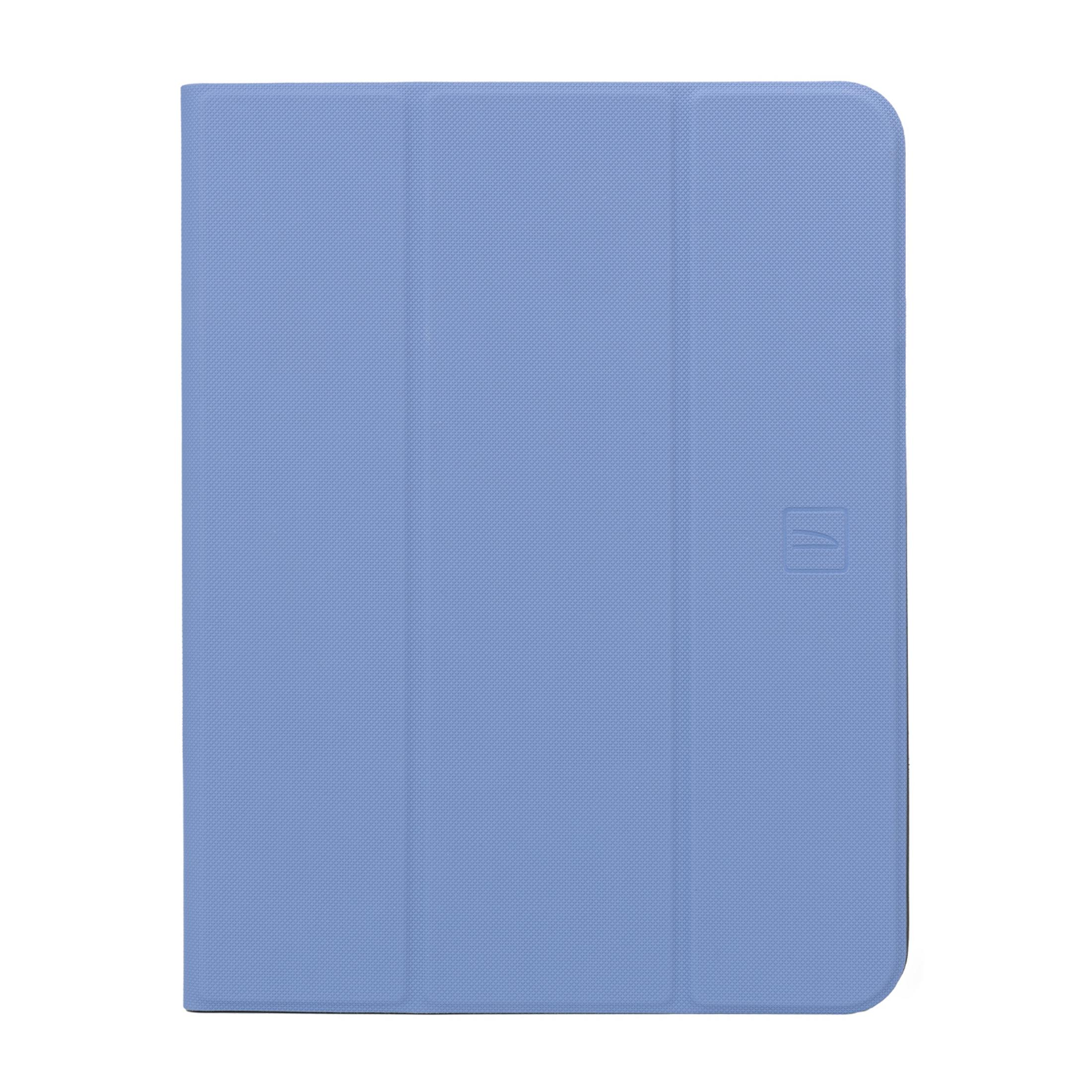 Eine blaue Tablet-Hülle mit einer geprägten Oberfläche und einem Logo.