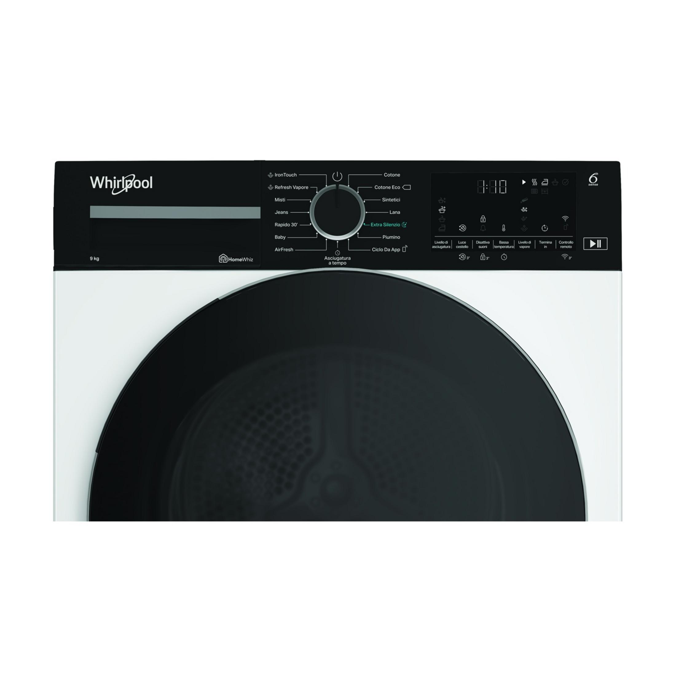 Pannello di controllo asciugatrice Whirlpool con selezione programmi e display.