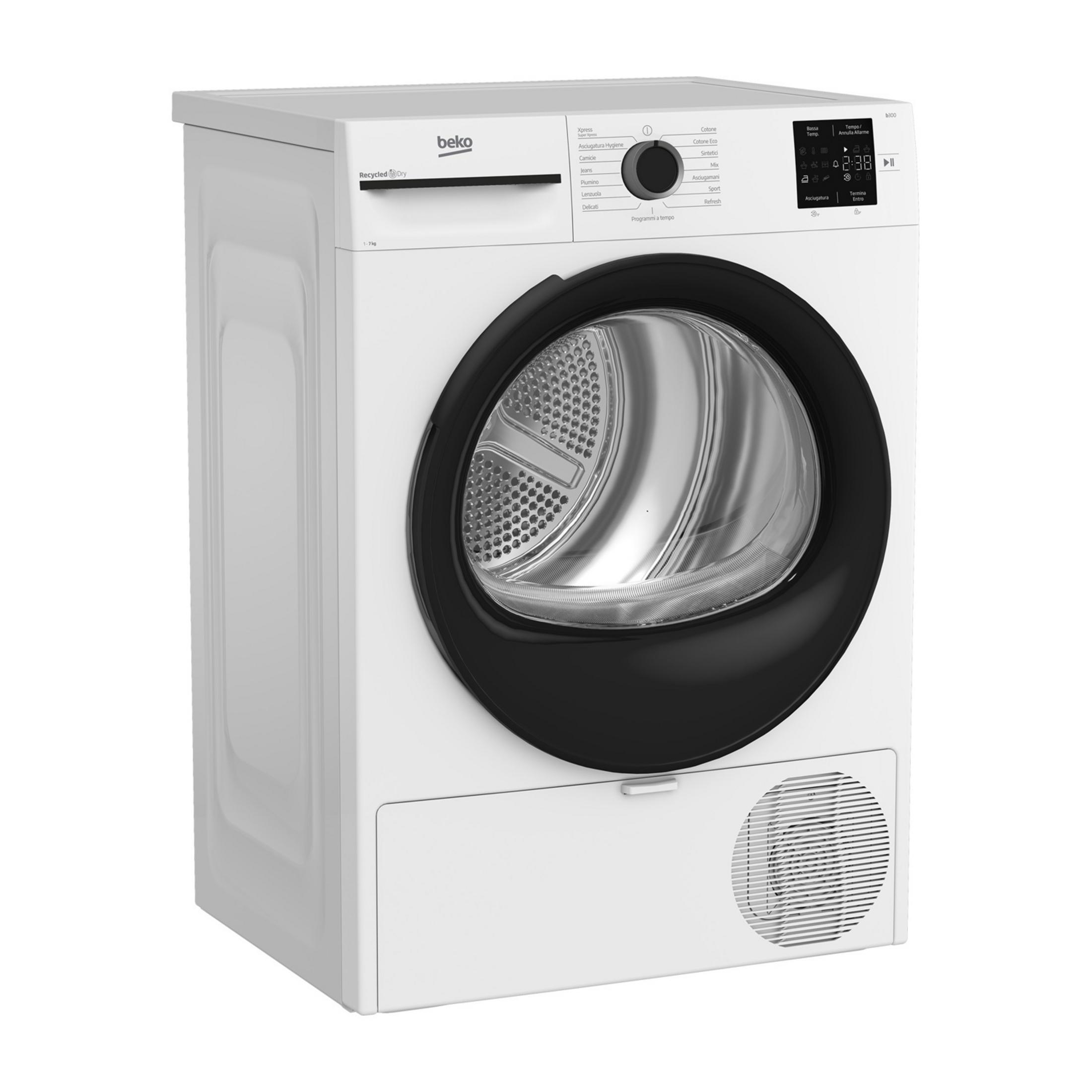 Una asciugatrice Beko bianca con oblò rotondo nero e pannello digitale.