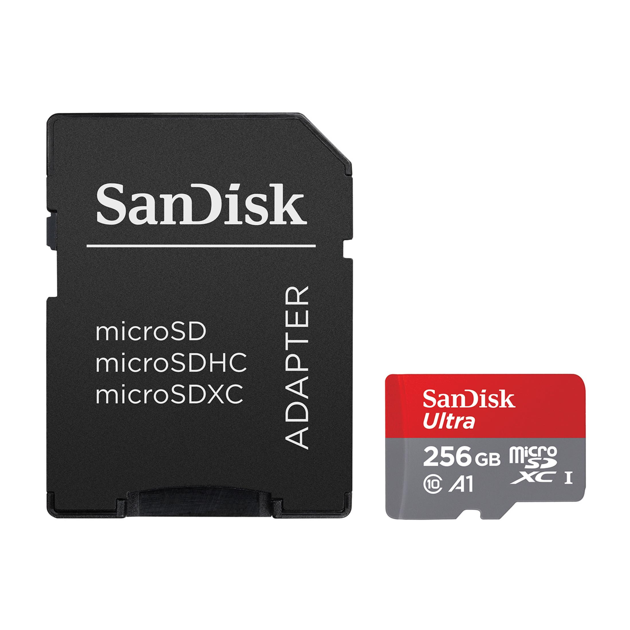 Een zwarte SD-kaartadapter en een rode/grijze microSD-kaart.