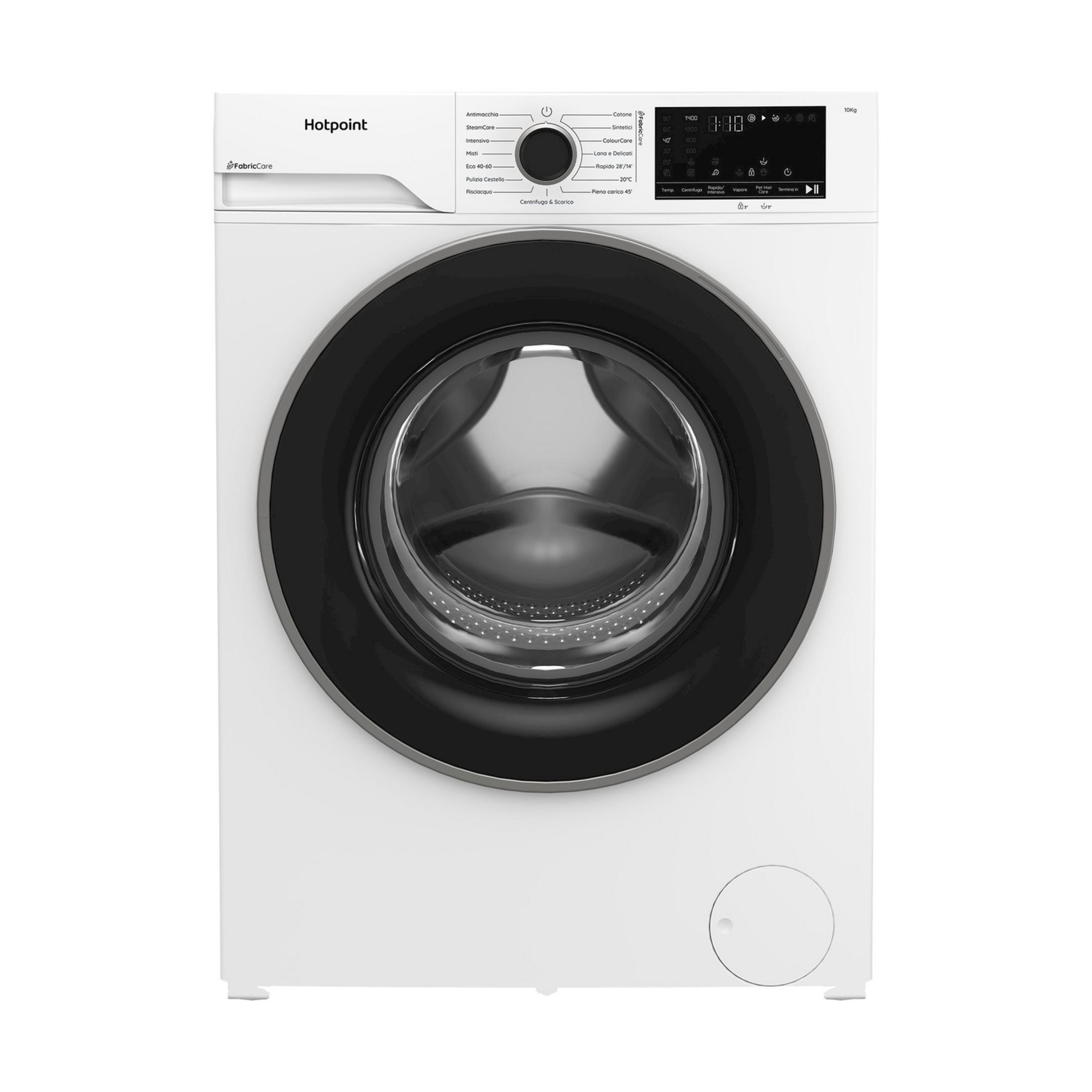 Una lavatrice Hotpoint bianca con oblò nero e pannello di controllo digitale.