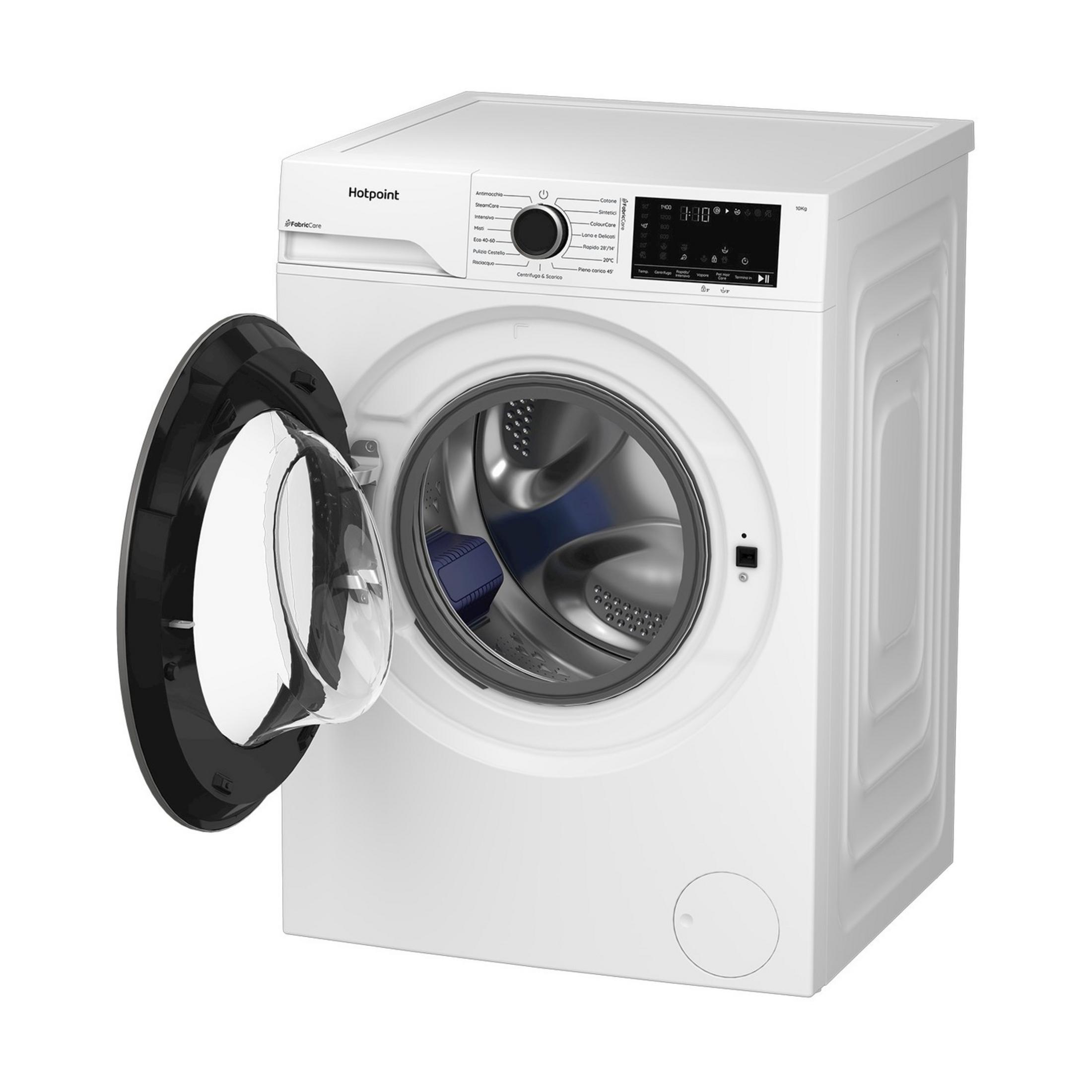 Una lavatrice Hotpoint bianca con porta aperta e pannello di controllo.