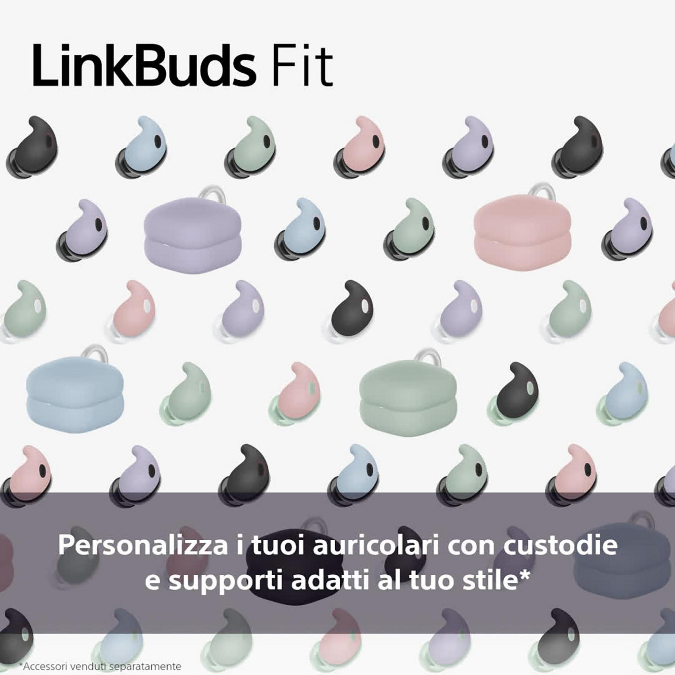 LinkBuds Fit: Ohrhörer in verschiedenen Farben mit Ladeetuis.