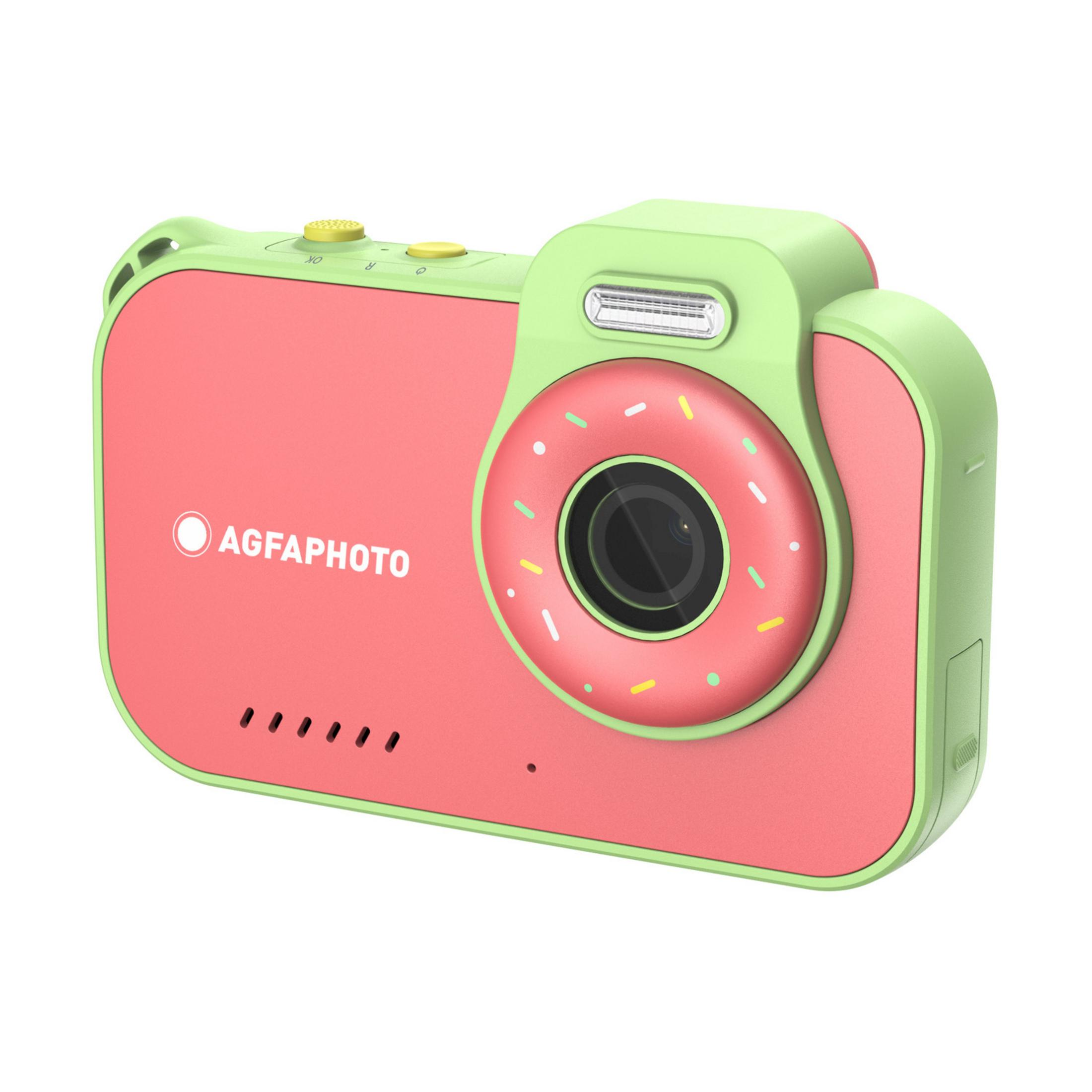 Eine grüne Kamera mit einem rosa Donut-Objektiv und einem Korpus im Wassermelonen-Design.