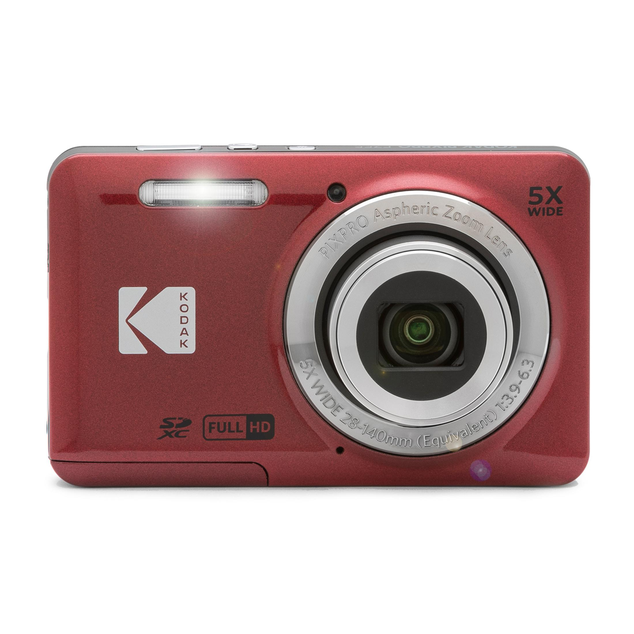 Czerwony aparat cyfrowy Kodak z obiektywem 5x zoom i lampą błyskową.