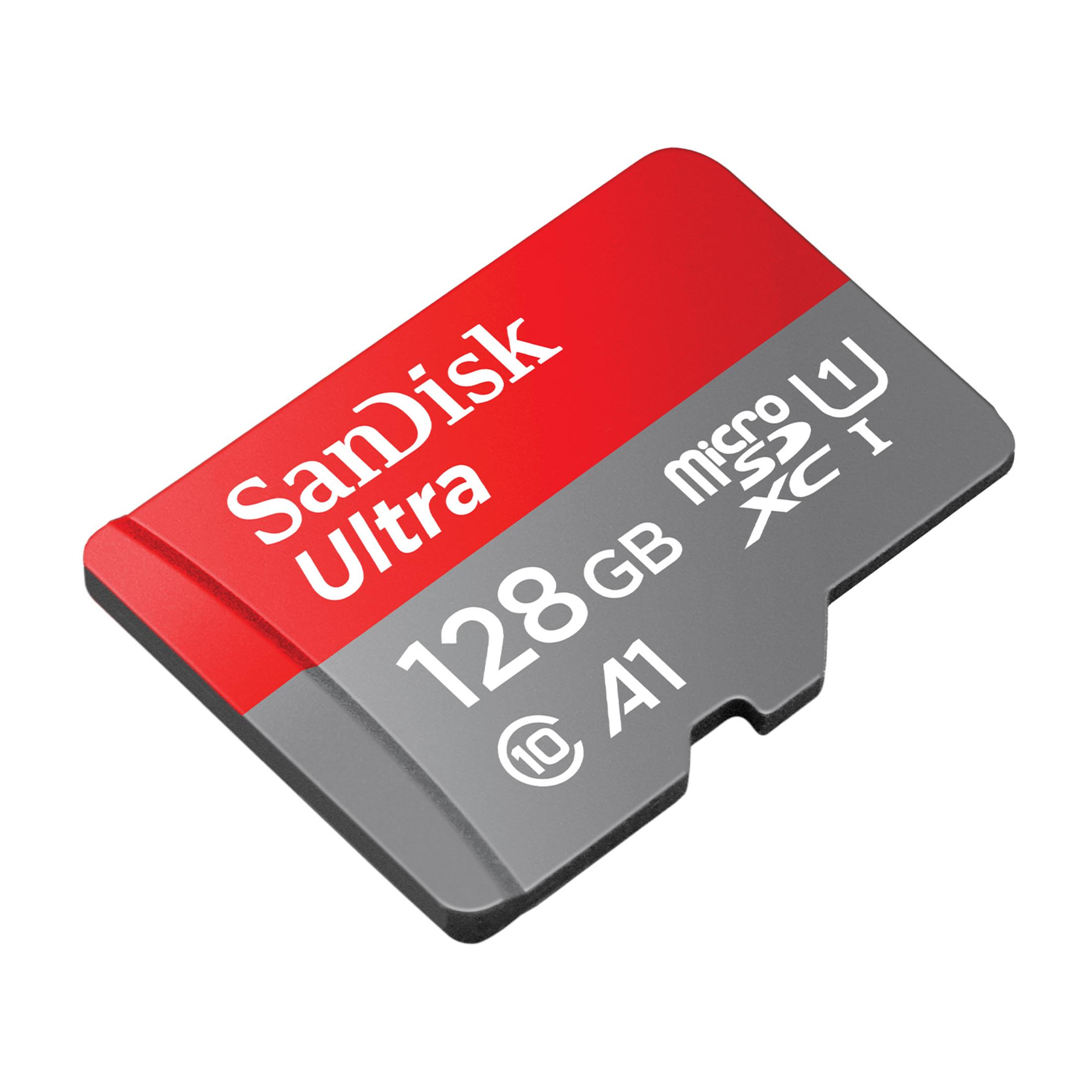 Sandisk Ultra 128GB MicroSDXC Karte mit rotem und grauem Design.