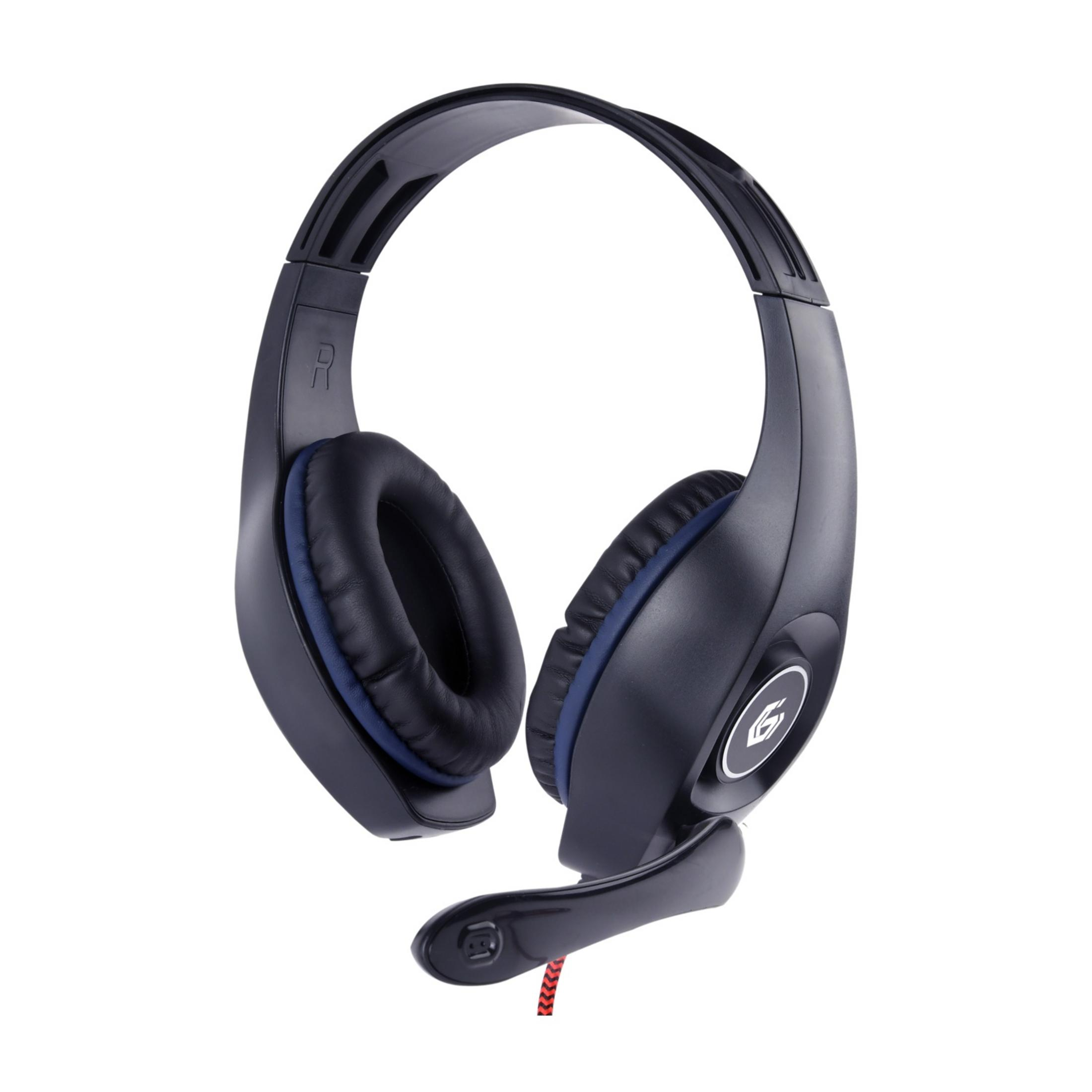 Black gaming headphones with a microphone and blue accents, on a white background.