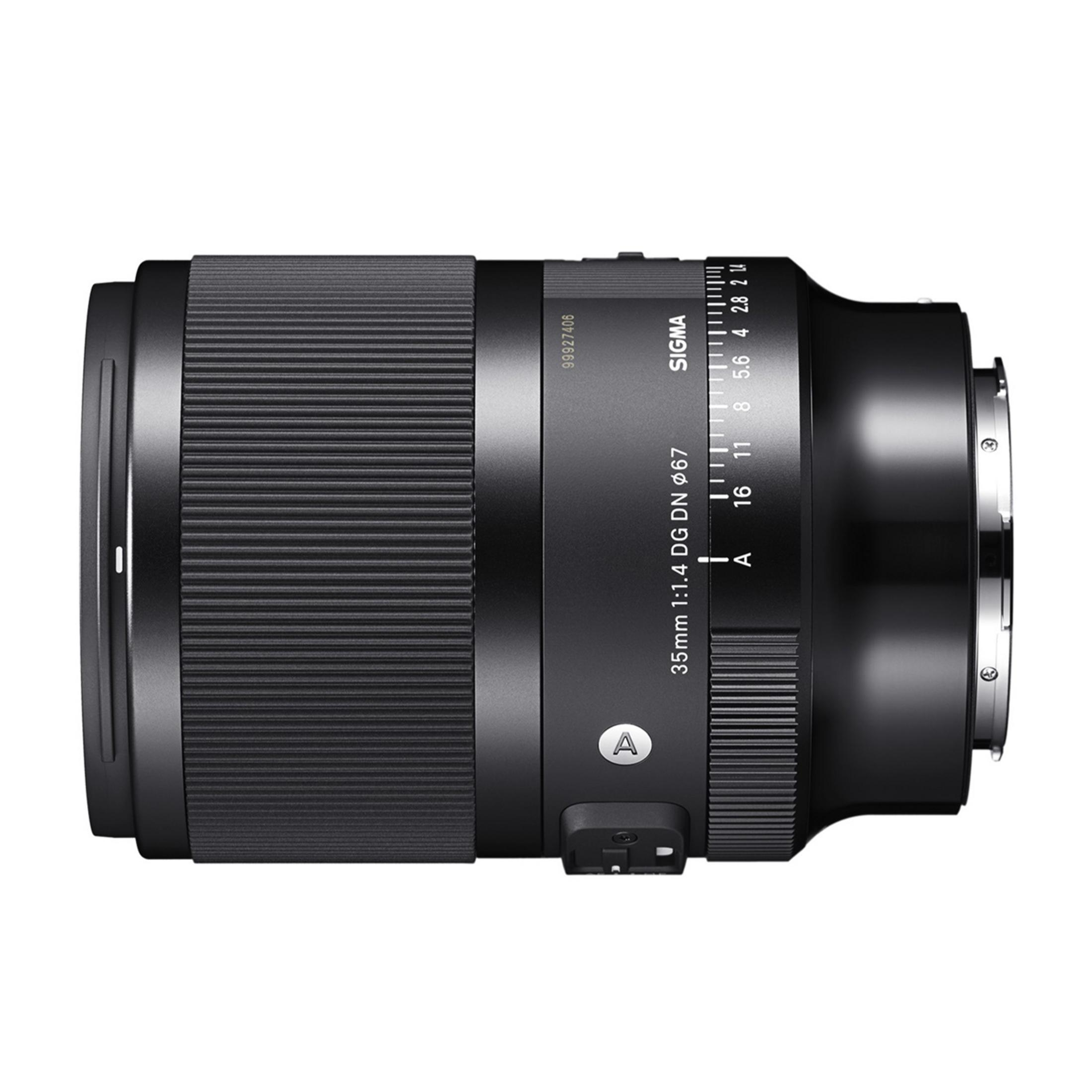Objectif Sigma 35mm 1:1.4 DG DN noir avec bague d'ouverture et marquages.