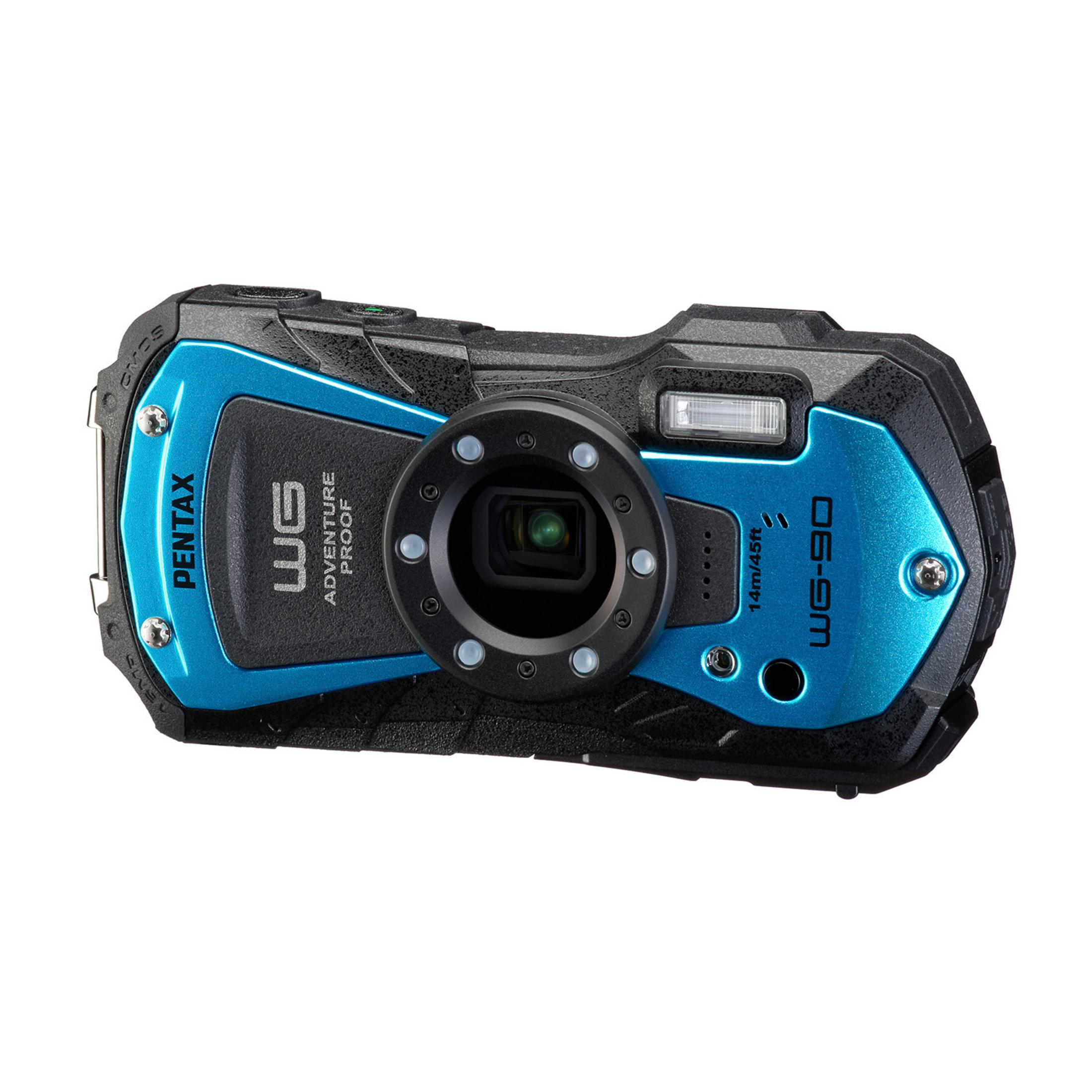 Ein blauer und schwarzer Pentax WG-90 wasserdichter Fotoapparat.