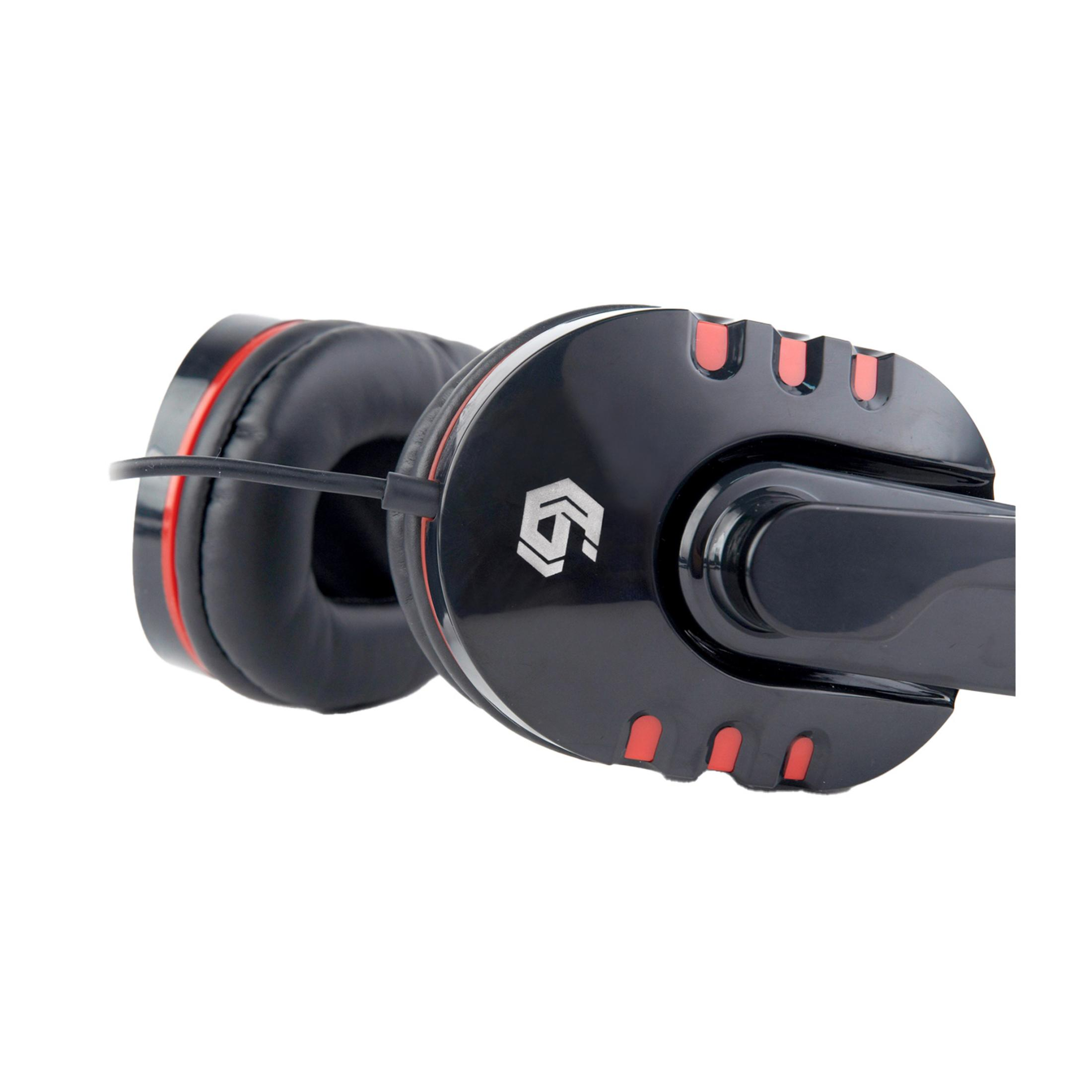 Czarne słuchawki z czerwonym wykończeniem i logo na nauszniku.