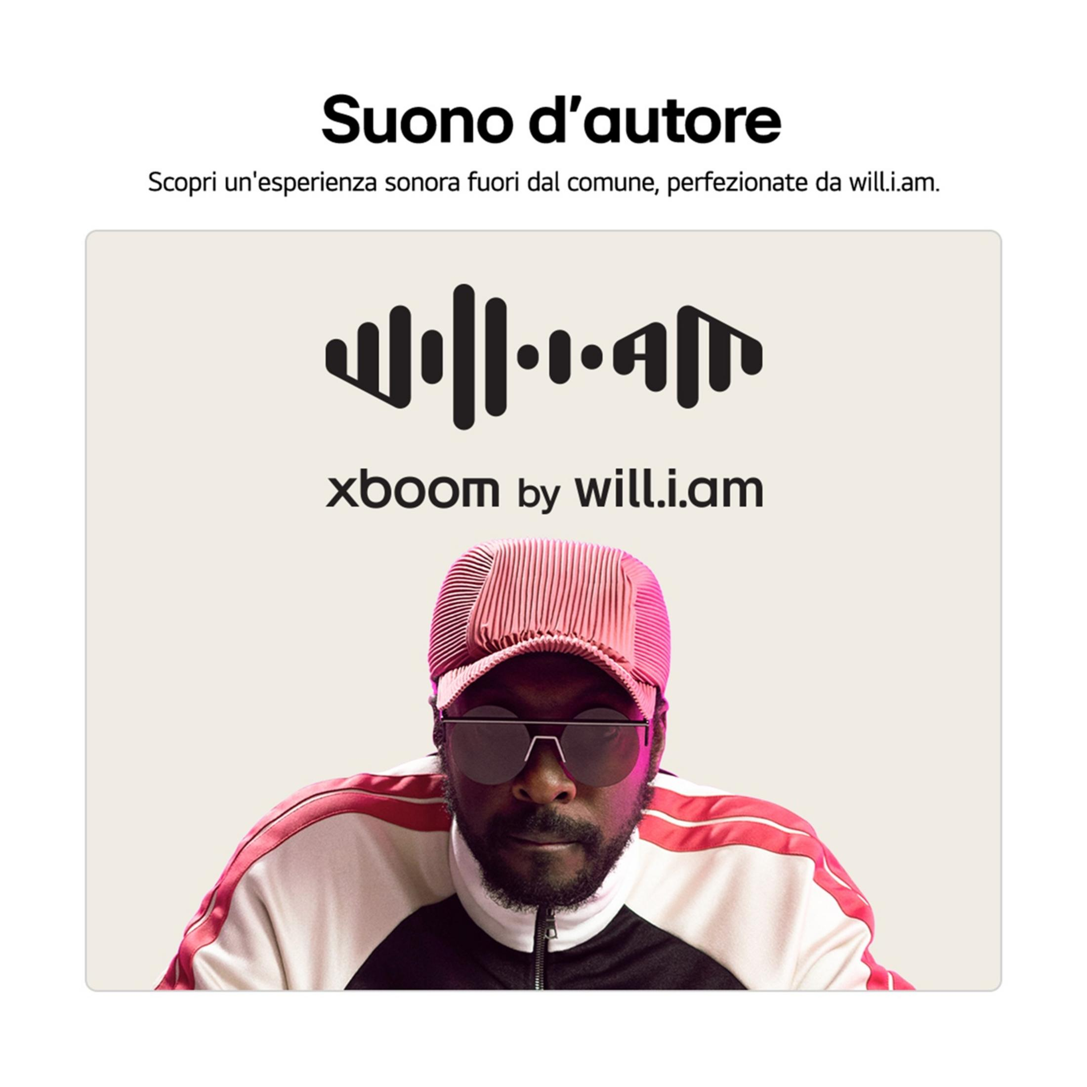 Mann mit rosa Kappe und Sonnenbrille, wirbt für Xboom von Will.i.am.