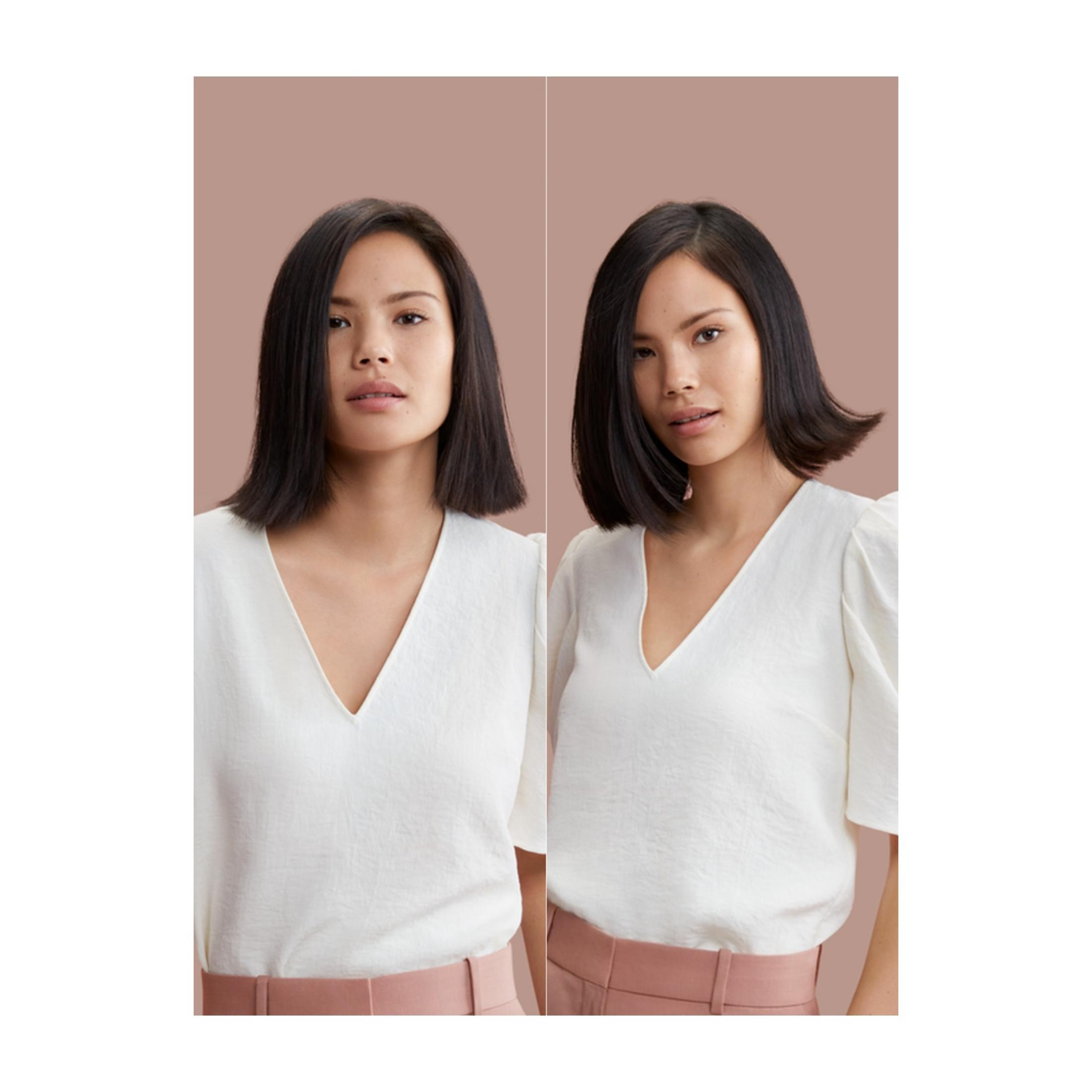 Due immagini di una donna con capelli scuri di media lunghezza, top bianco e pantaloni rosa.